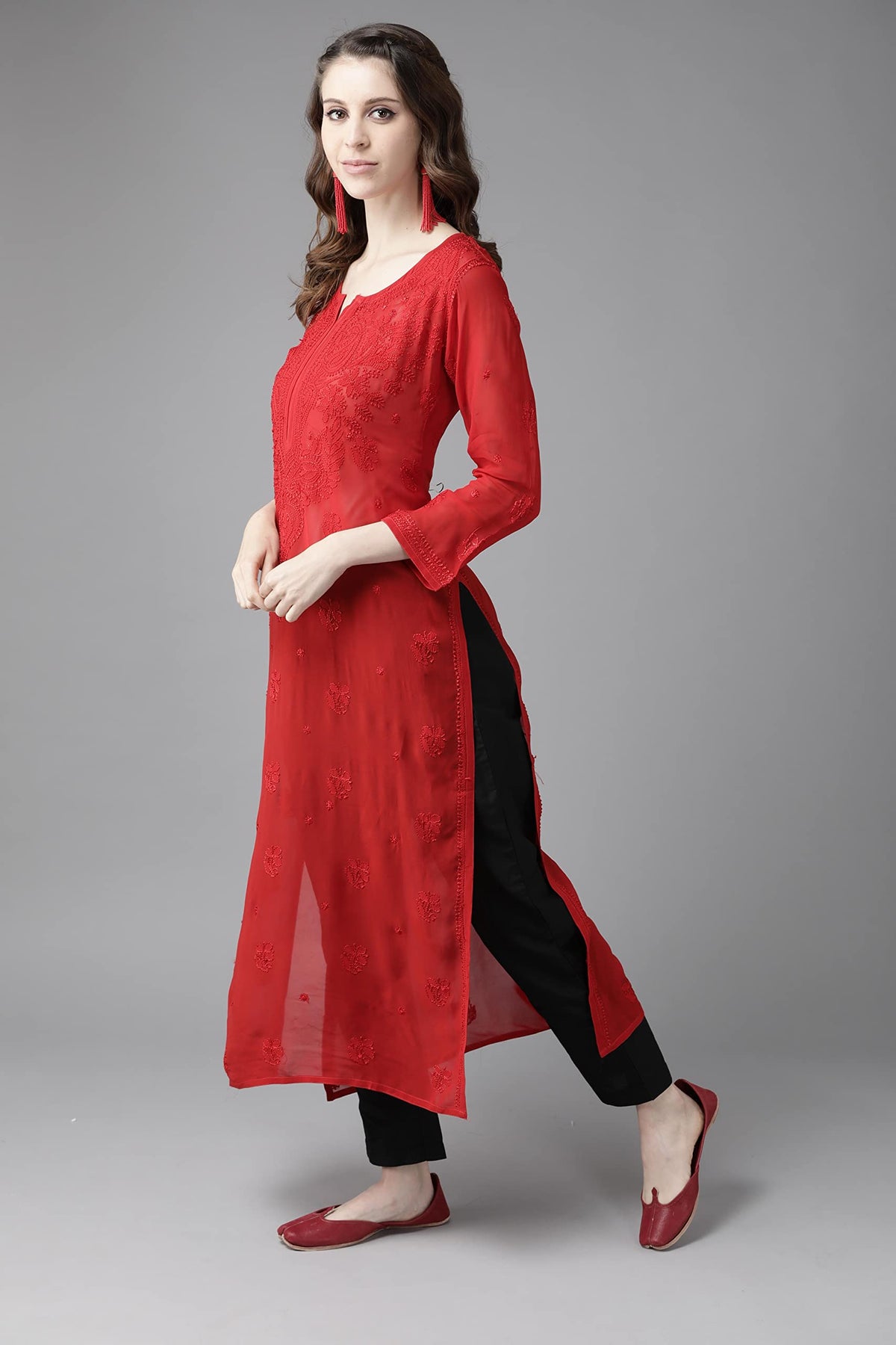 Ada Hand Embroidered Chikankari Red Viscose Kurta for Women A411184 (M)