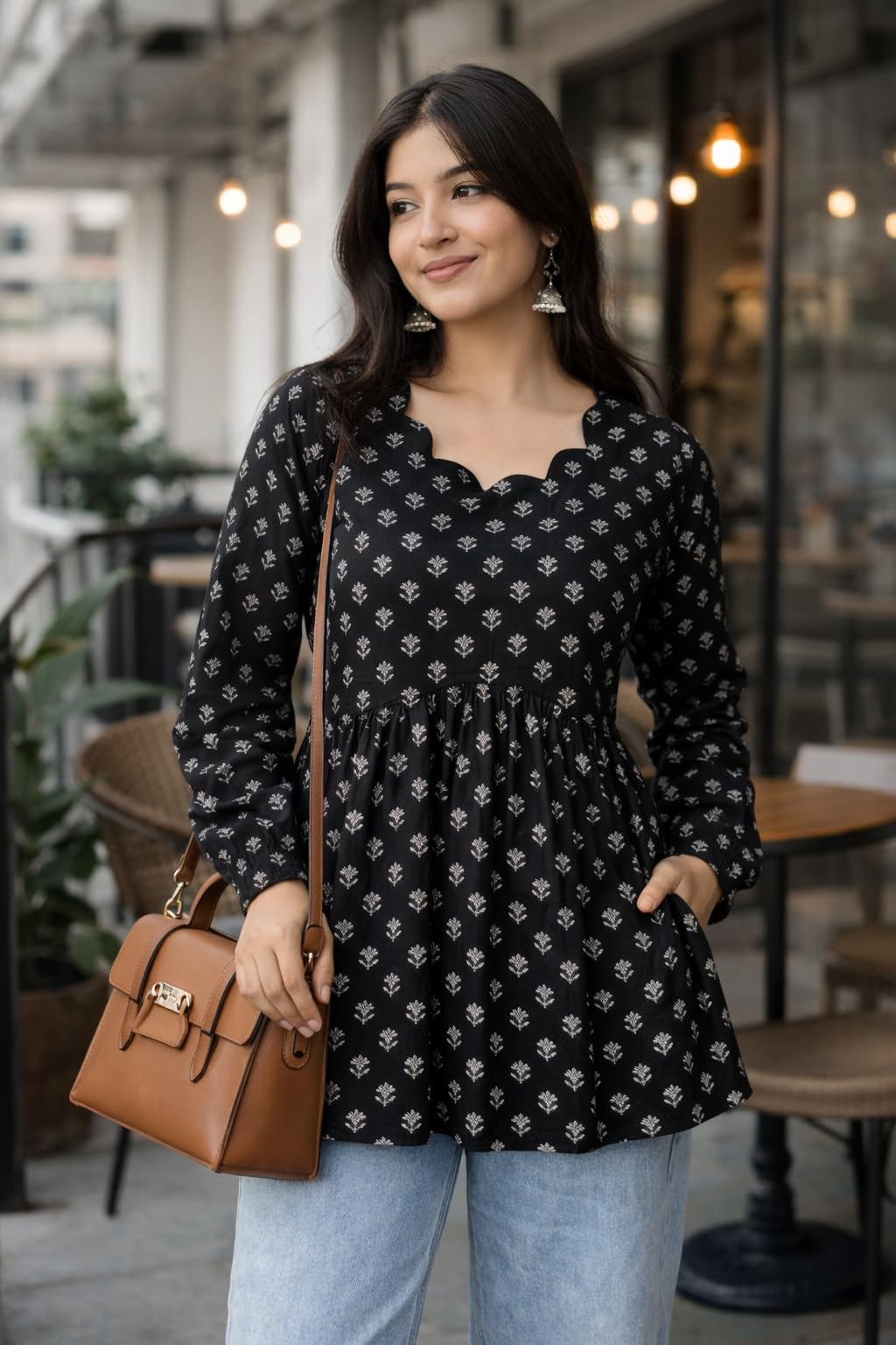 Women's Rayon Black Floral Block Print Kurti, Scallop Neckline, Full Sleeves, Gathered Fit (in, Alpha, 2XL, Regular)