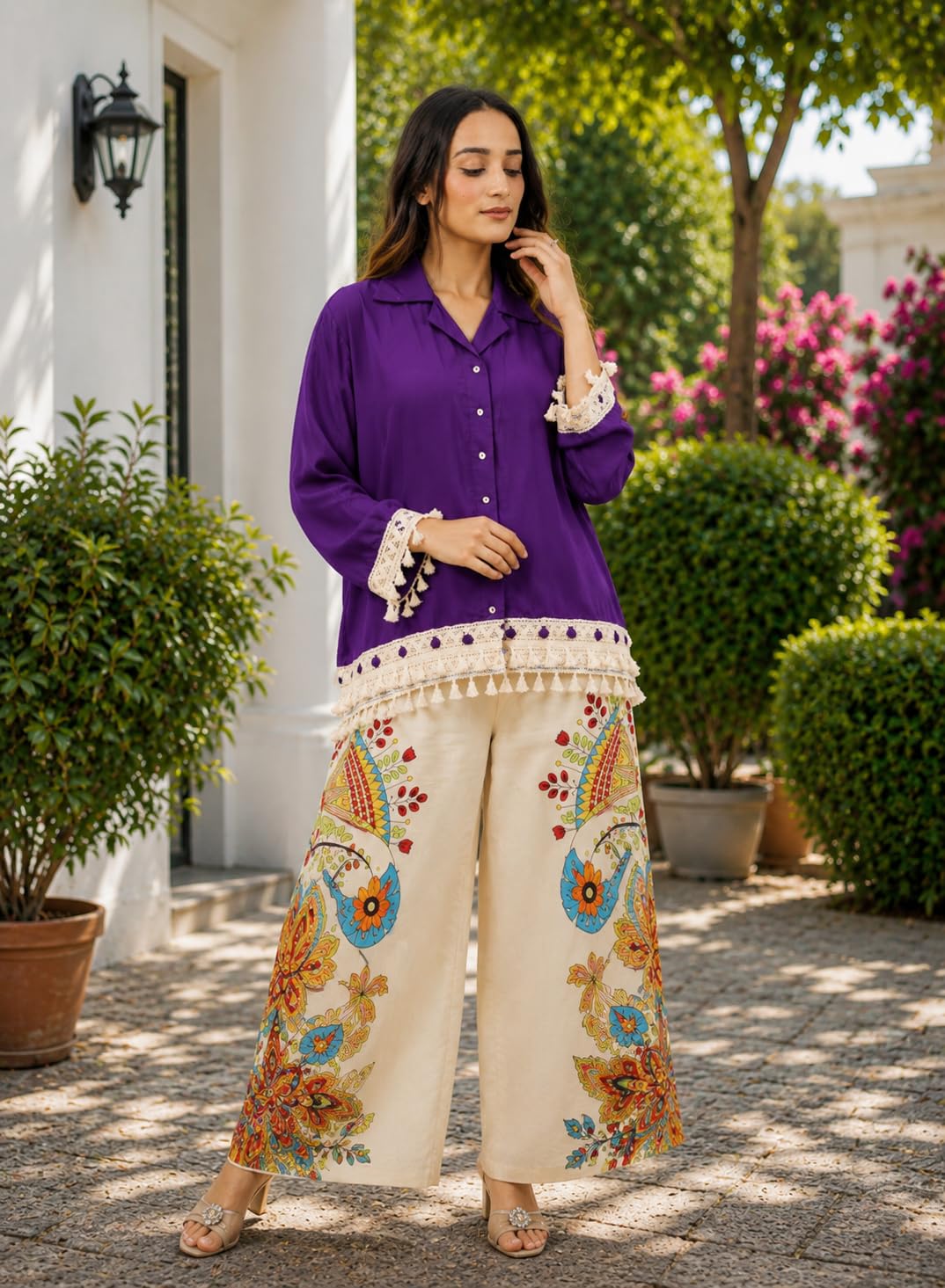 ROYALICA Co Ord Set for Women Stylish Card Set Dress for Women Trendy Top with Plazo Pant Ladies Coord Outfit (in, Alpha, L, Regular, Standard, purpal)