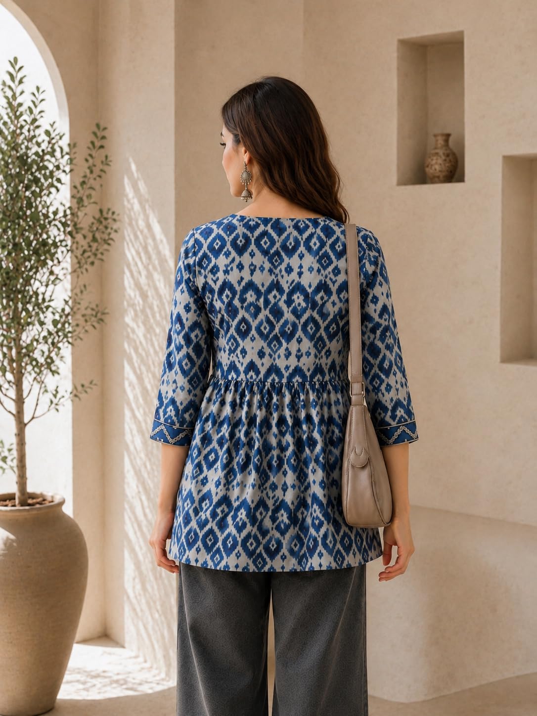 BANDRAGIRLS Womens Cotton Printed Peplum Short Kurti | Blue Geometric Gathered Tunic Top | Square Neck Lace Up Ethnic Wear