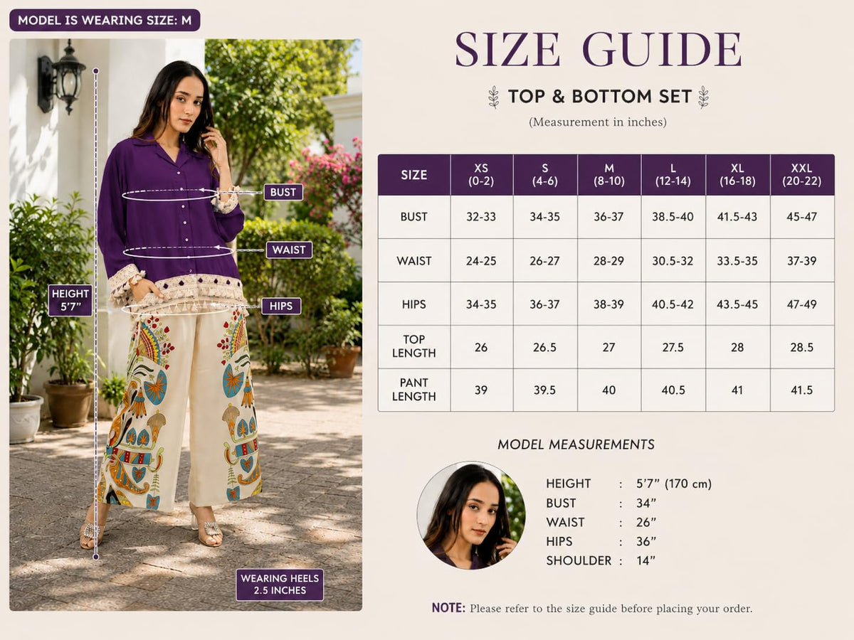 ROYALICA Co Ord Set for Women Stylish Card Set Dress for Women Trendy Top with Plazo Pant Ladies Coord Outfit (in, Alpha, L, Regular, Standard, purpal)