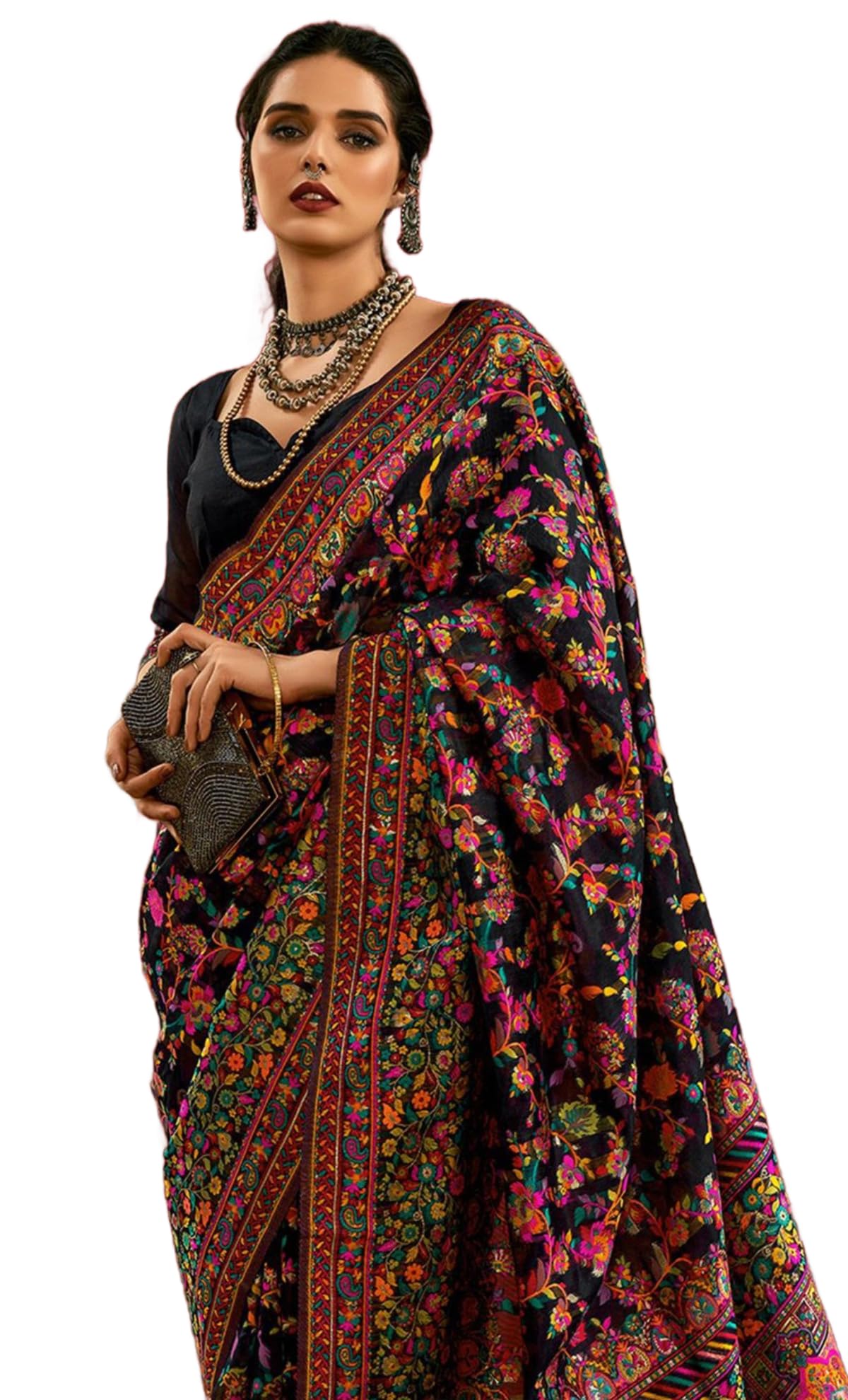 AAHLYO WOMEN'S Kashmiri Jal Cotton Patola Saree for Women | Cotton Saree | Sarees with Unstitched Blouse (BLACK)