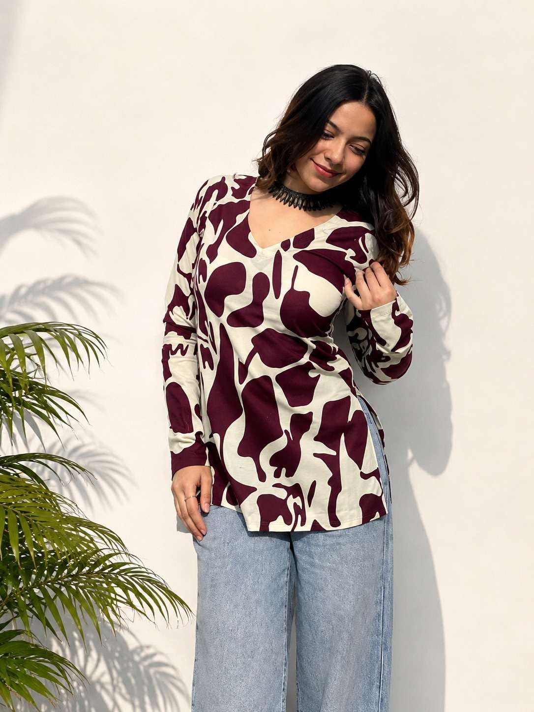 Women Rayon Printed Short Kurti for Women | Floral V Neck Short Kurta Top | Full Sleeve Casual Kurti for Girls & Women (Size : Marron, 2XL)