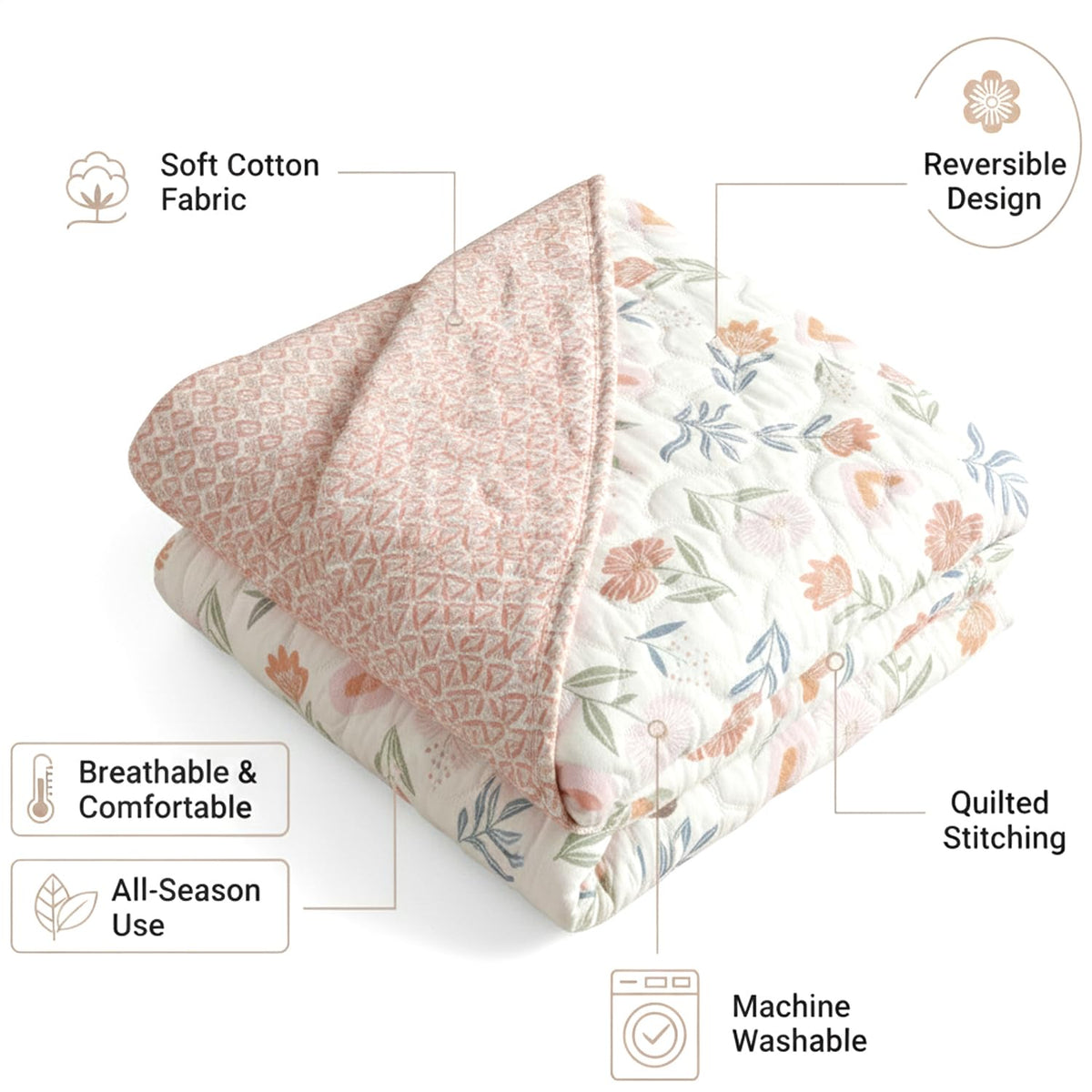 Double Bed Comforter Reversible Soft Microfiber AC Quilt, Floral & Heart Print, All Season Blanket