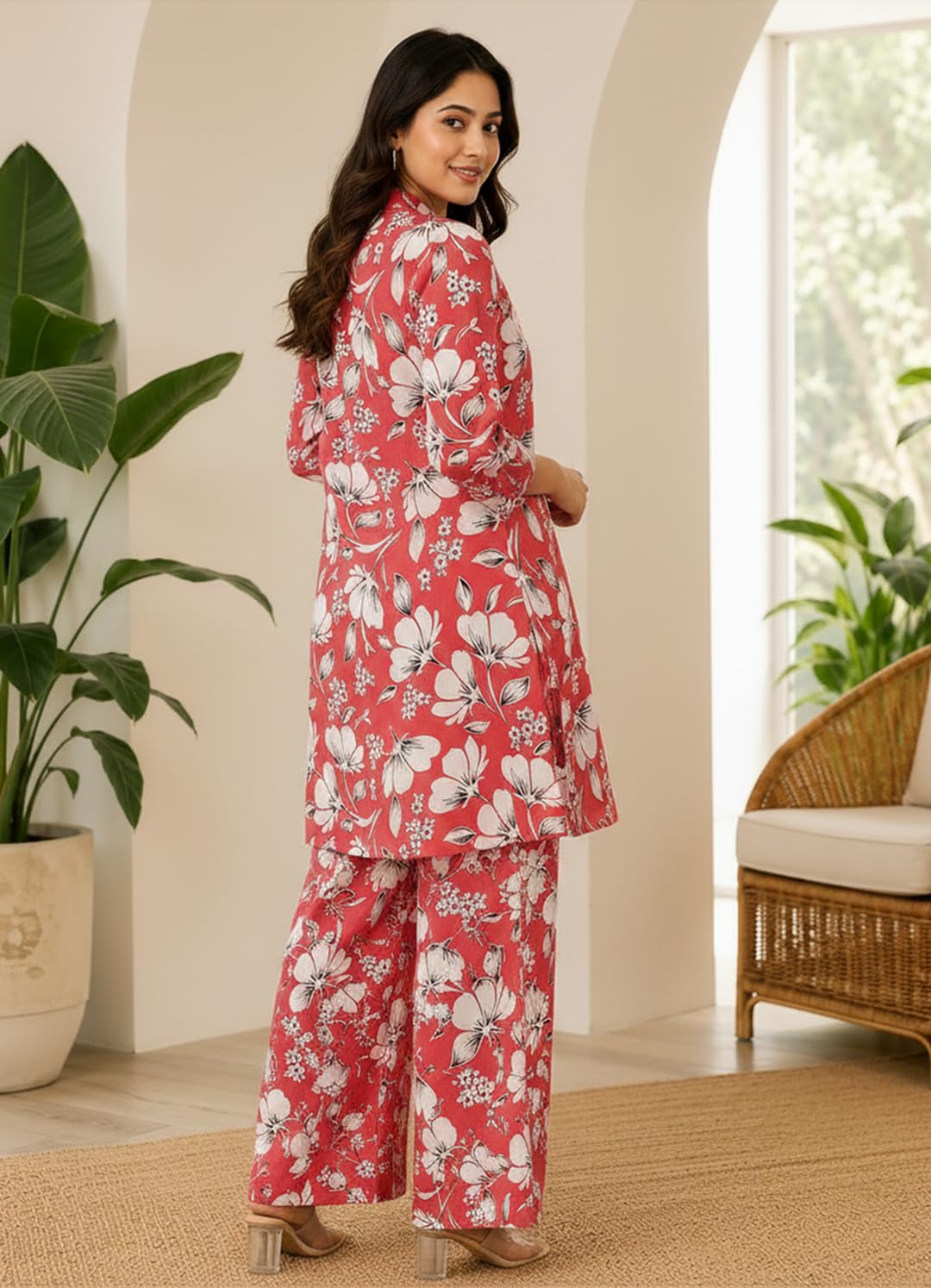 QUEEN ELLIE Co-Ord Set for Women with Floral Print | Long Shirt and Wide Leg Palazzo Combo | 2 Piece Coord Set for Women Red