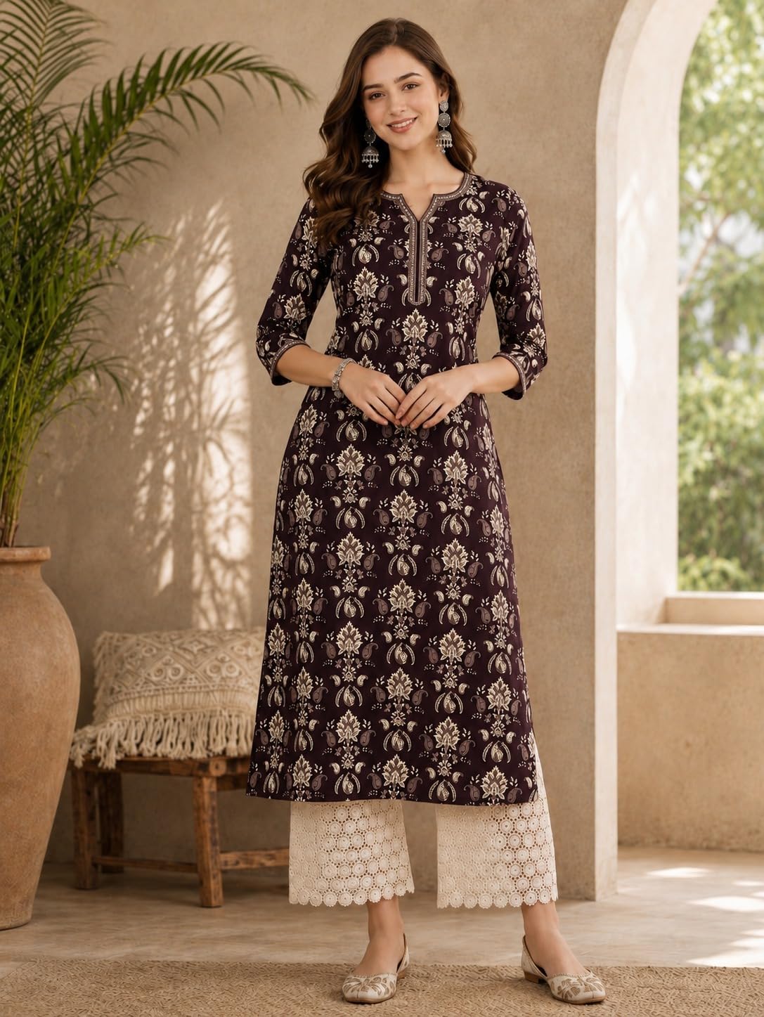 BANDRAGIRLS Womens Maroon Floral Printed Straight Kurti | Everyday Ethnic Wear