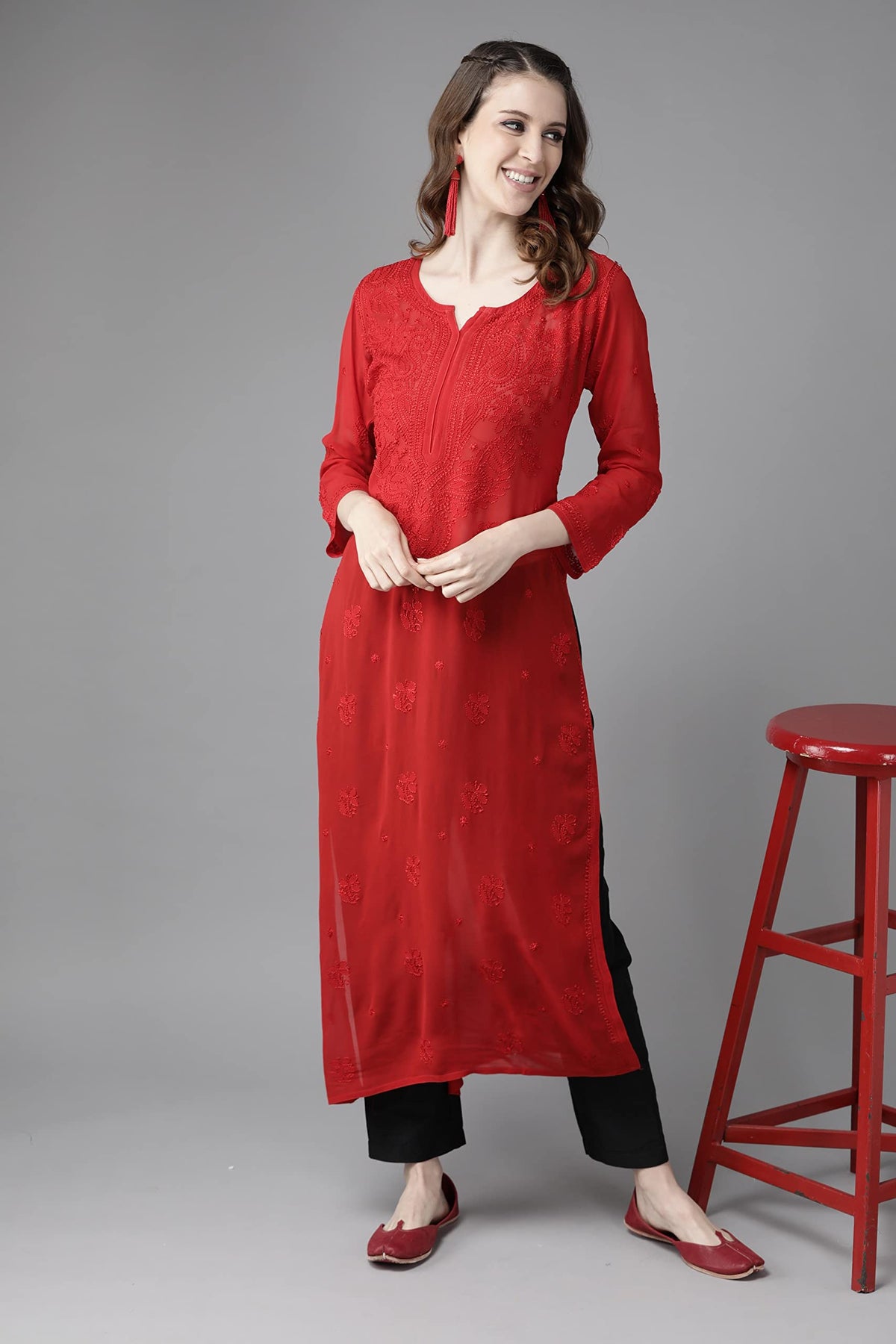 Ada Hand Embroidered Chikankari Red Viscose Kurta for Women A411184 (M)