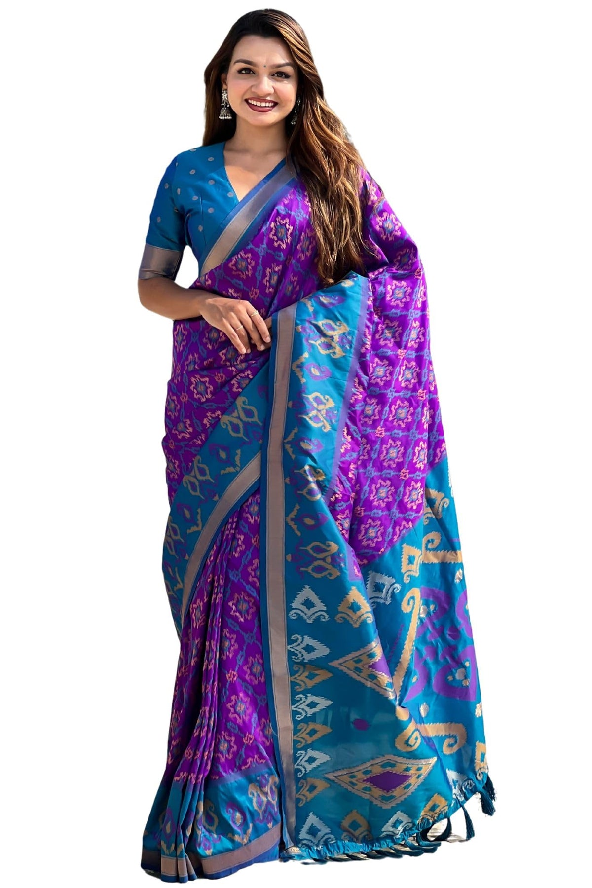SGF11 Women's Kanjivaram Patola Soft Pure Silk Sarees With Unstitched Blouse Piece (Violet LightBlue)