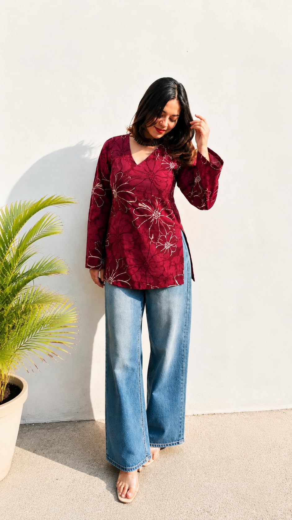 Women Rayon Printed Short Kurti for Women | Floral V Neck Short Kurta Top | Full Sleeve Casual Kurti for Girls & Women (Size : Wine, 2XL)
