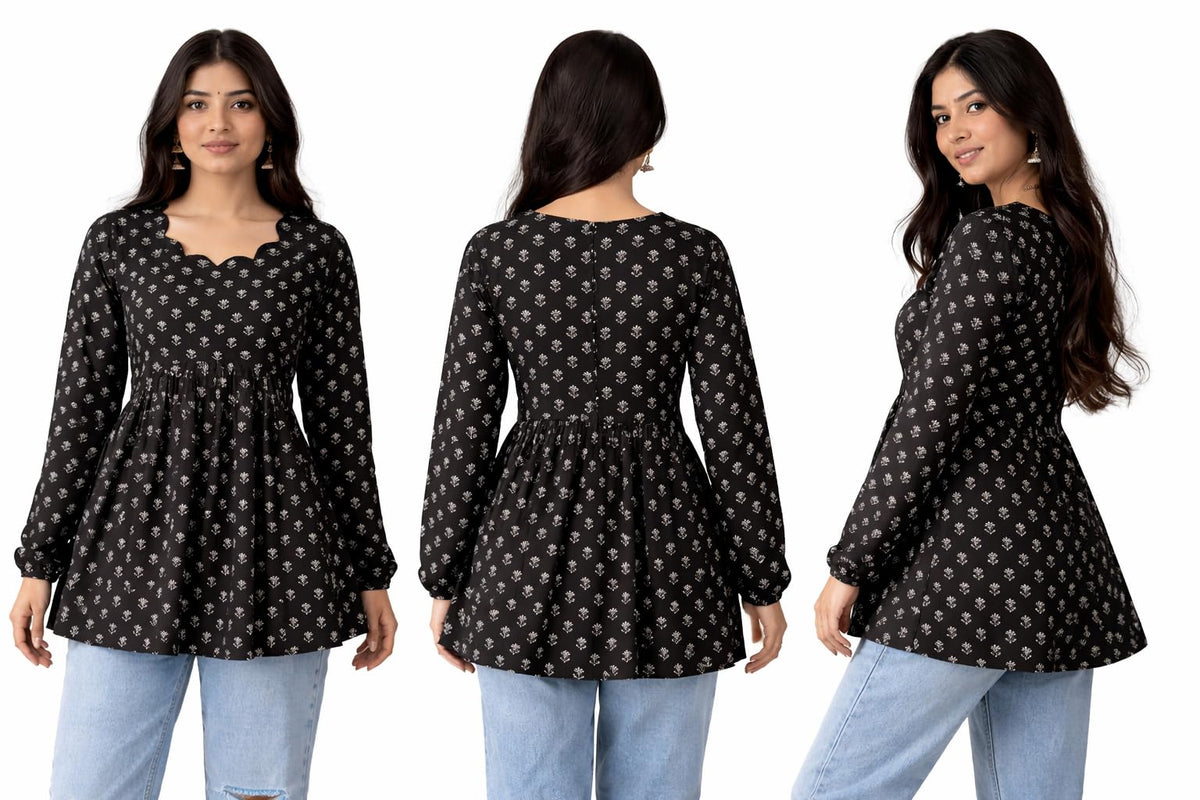 Women's Rayon Black Floral Block Print Kurti, Scallop Neckline, Full Sleeves, Gathered Fit (in, Alpha, 2XL, Regular)