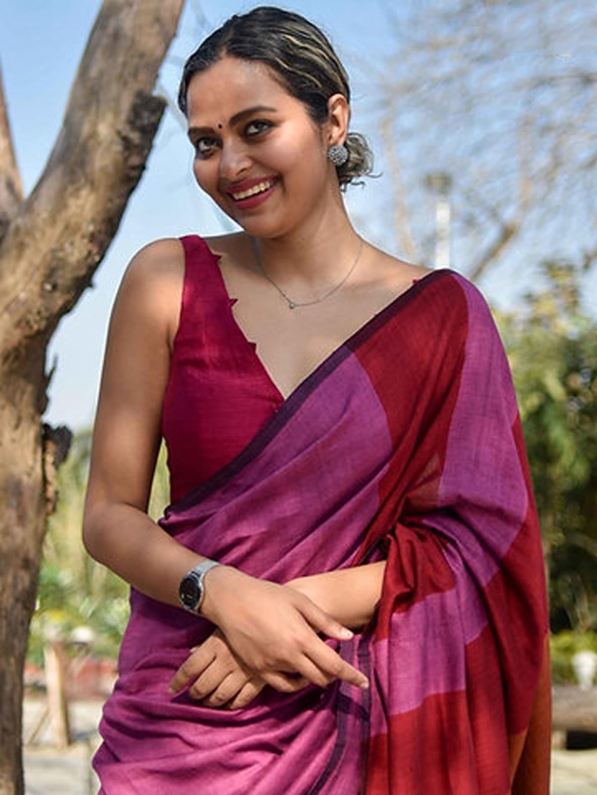 BEAUTY SAREE Women Cotton Saree With Blouse Piece., Multicolor 5.5 Meter With Running Blouse (PINK-BROWN)