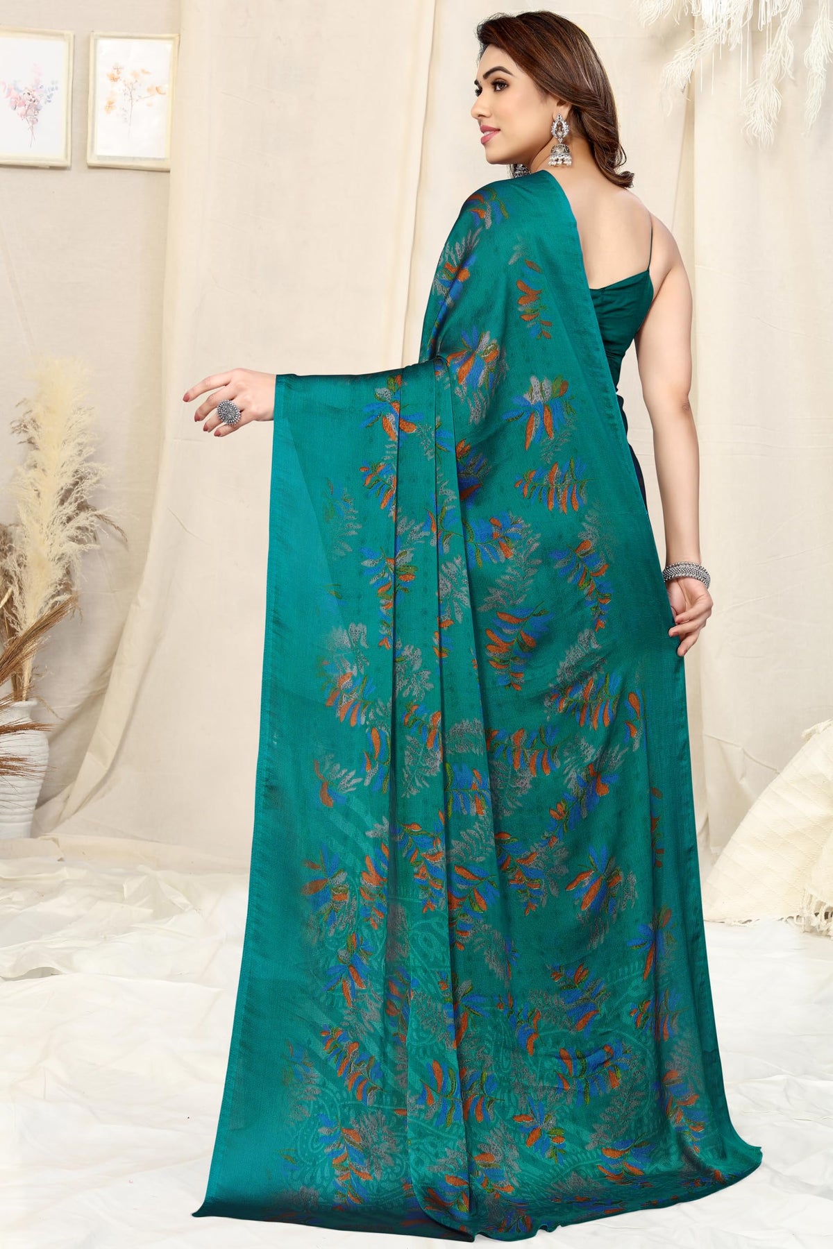 MIRCHI FASHION Chiffon Georgette Floral Print ed Sarees for Women with Blouse Piece (39195A - Turquoise, Orange)