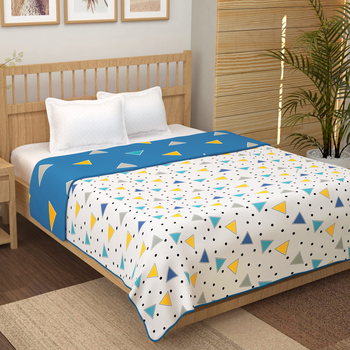Dohar Double Bed Cotton 100% | 150GSM 225 x240 cm Quilt AC Blanket for Summer | AC Comforter Double Bed | White & Blue Geometric Reversible Design Duvet | All-Season Blanket