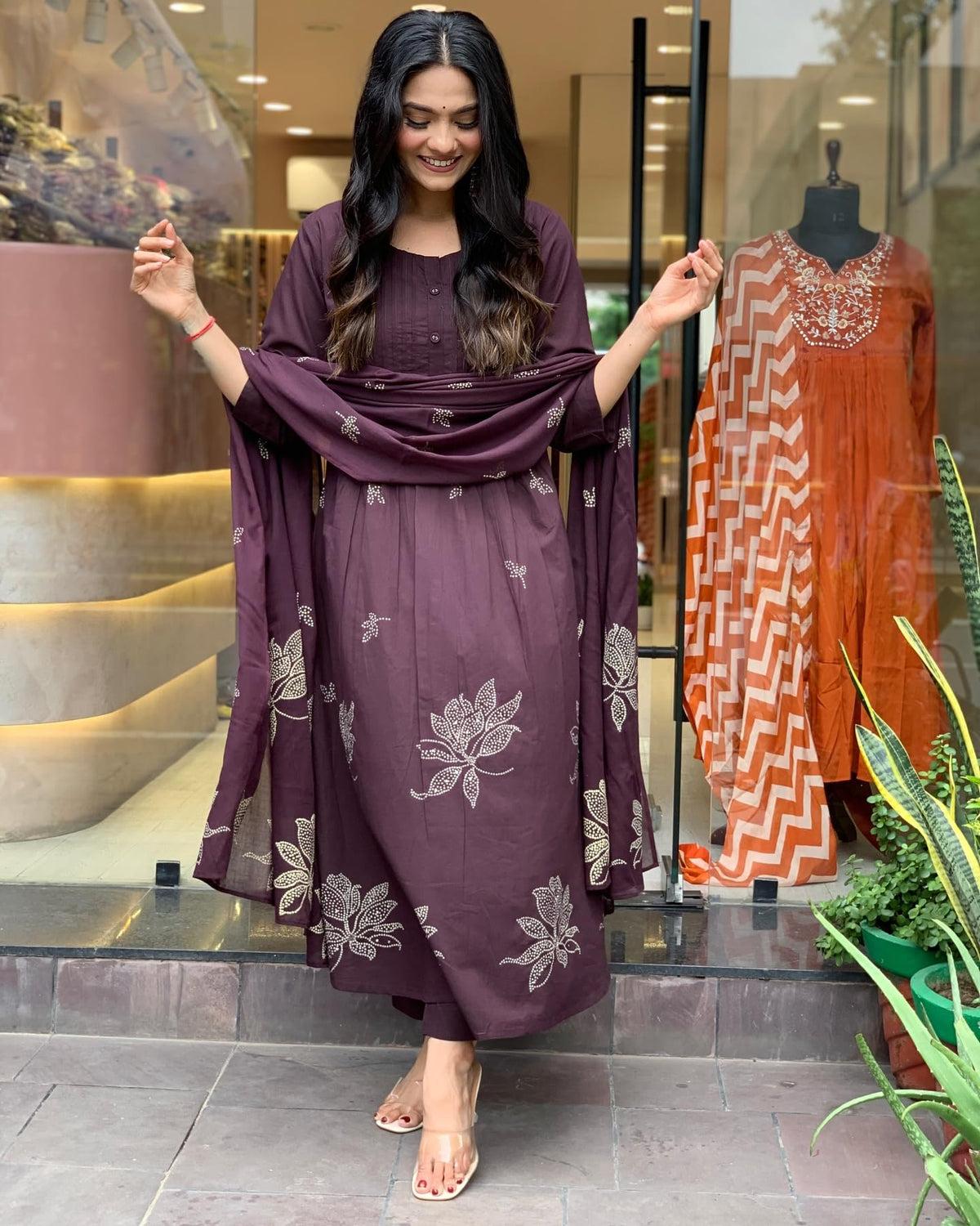 Women's Rayon Blend Anarkali Printed Kurta with Pant & Dupatta (Gangori Wine-GS_L_Wine_Large)
