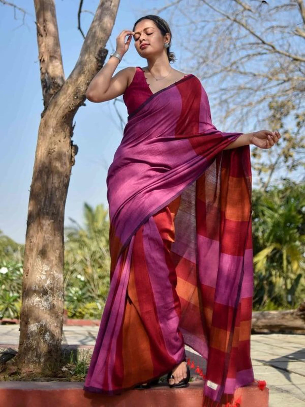 BEAUTY SAREE Women Cotton Saree With Blouse Piece., Multicolor 5.5 Meter With Running Blouse (PINK-BROWN)
