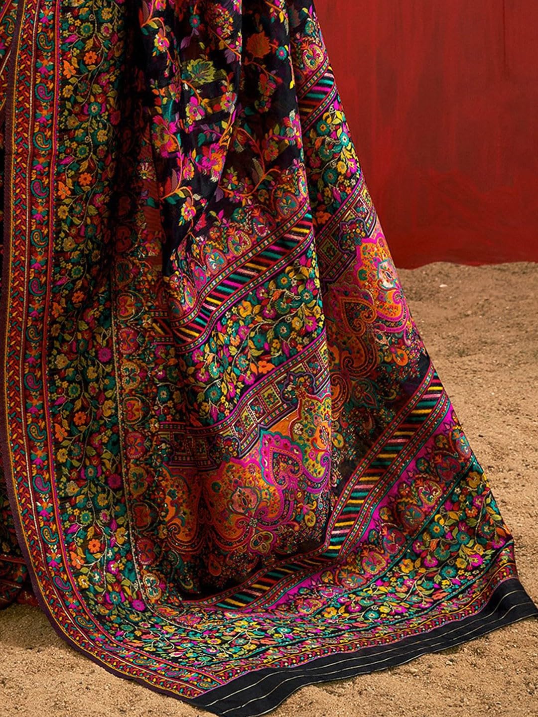 AAHLYO WOMEN'S Kashmiri Jal Cotton Patola Saree for Women | Cotton Saree | Sarees with Unstitched Blouse (BLACK)