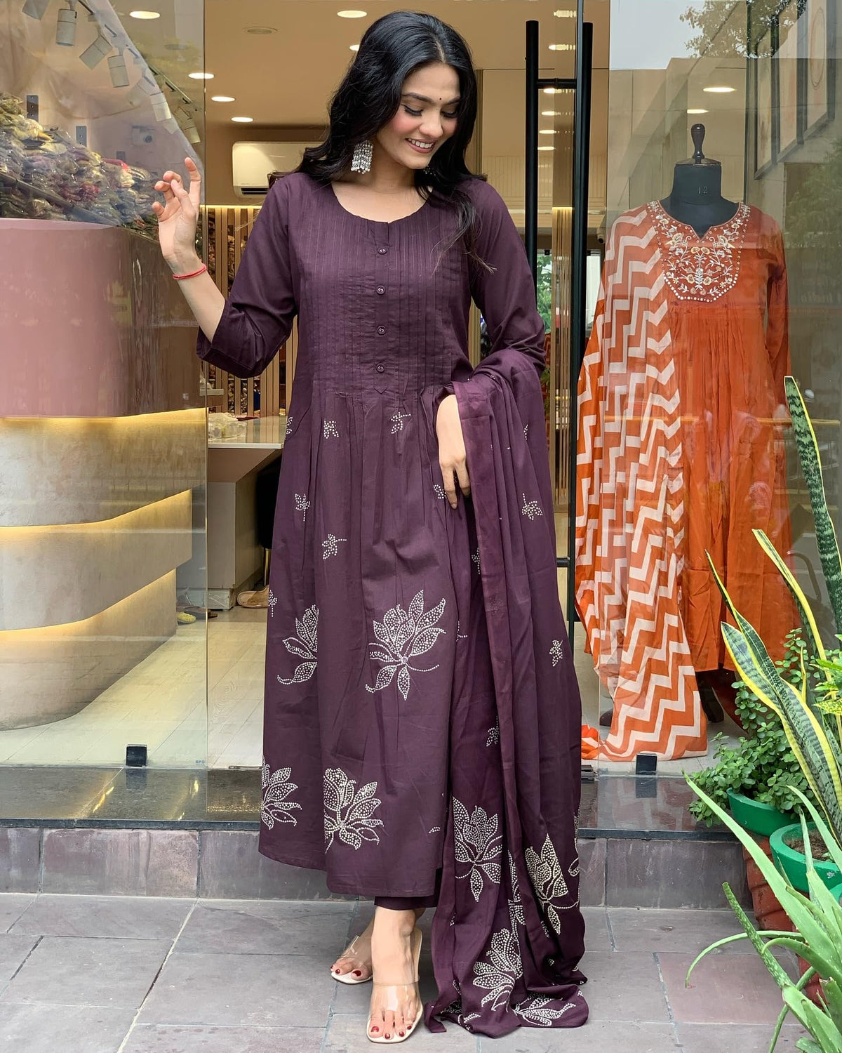 Women's Rayon Blend Anarkali Printed Kurta with Pant & Dupatta (Gangori Wine-GS_L_Wine_Large)