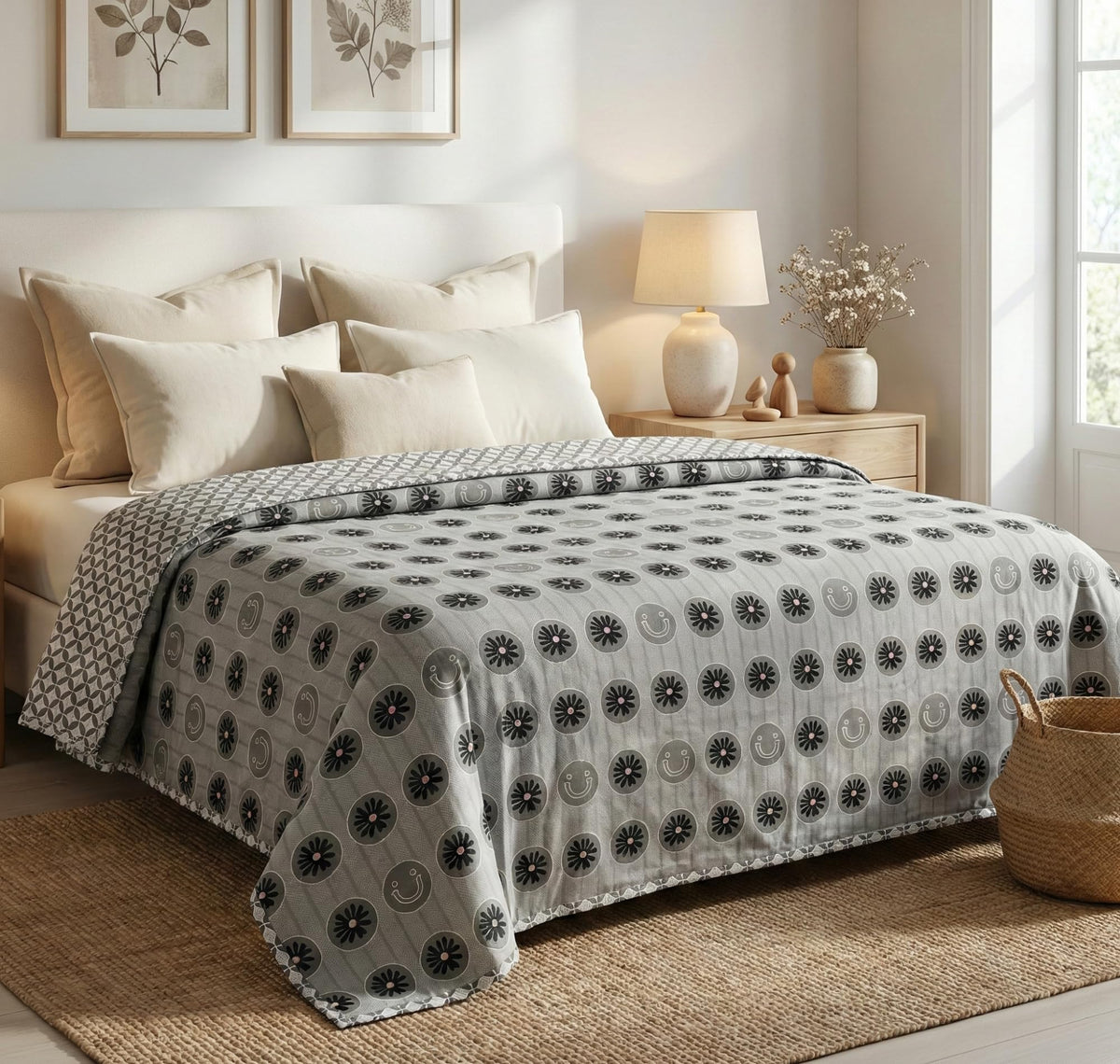 Cotton AC Blanket for Single Bed (152 x 225 cm) | Reversible Soft Lightweight All-Season Blanket | Skin-Friendly & Breathable Comforter (Silver Blossom Grey)