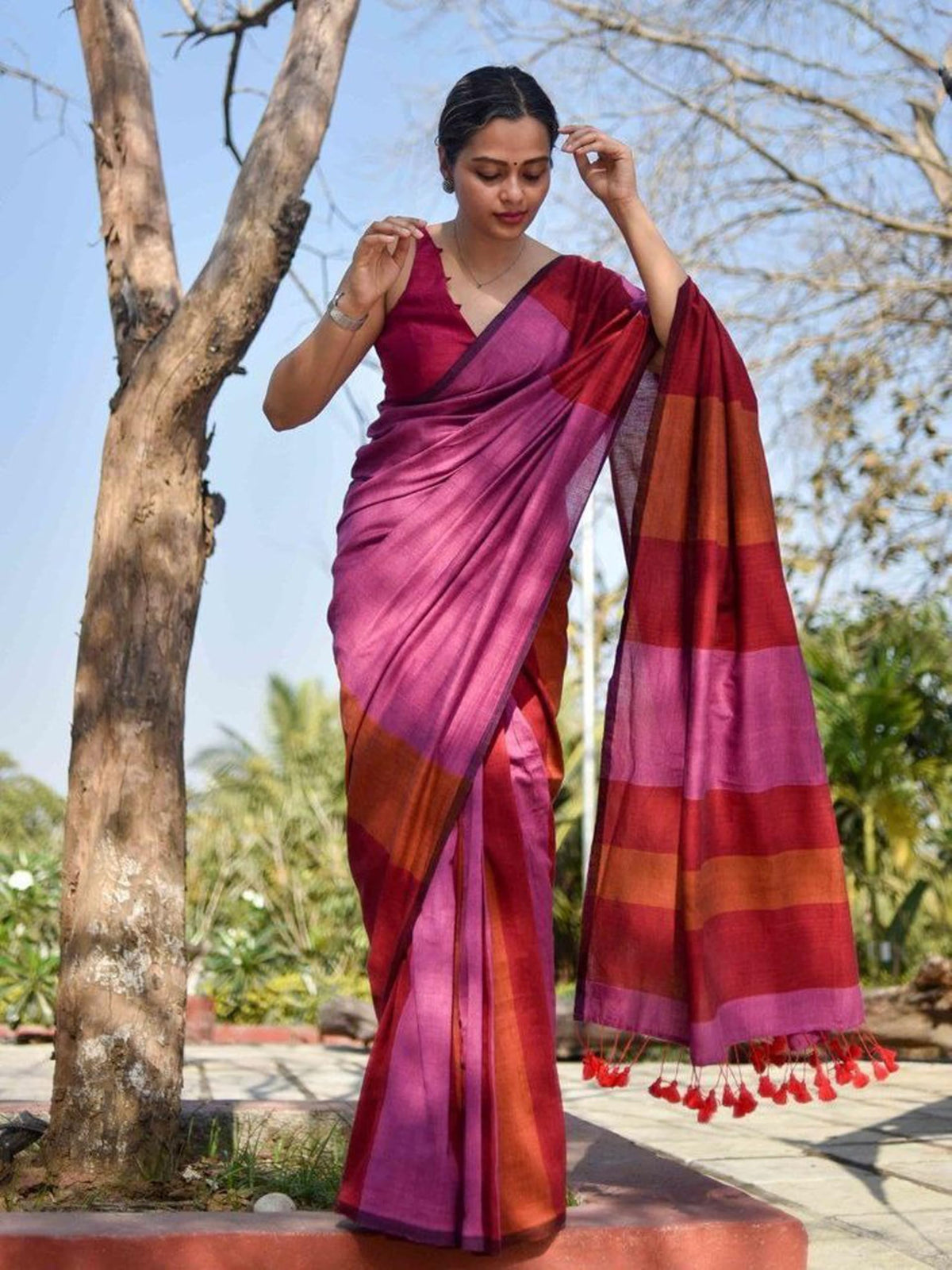 BEAUTY SAREE Women Cotton Saree With Blouse Piece., Multicolor 5.5 Meter With Running Blouse (PINK-BROWN)