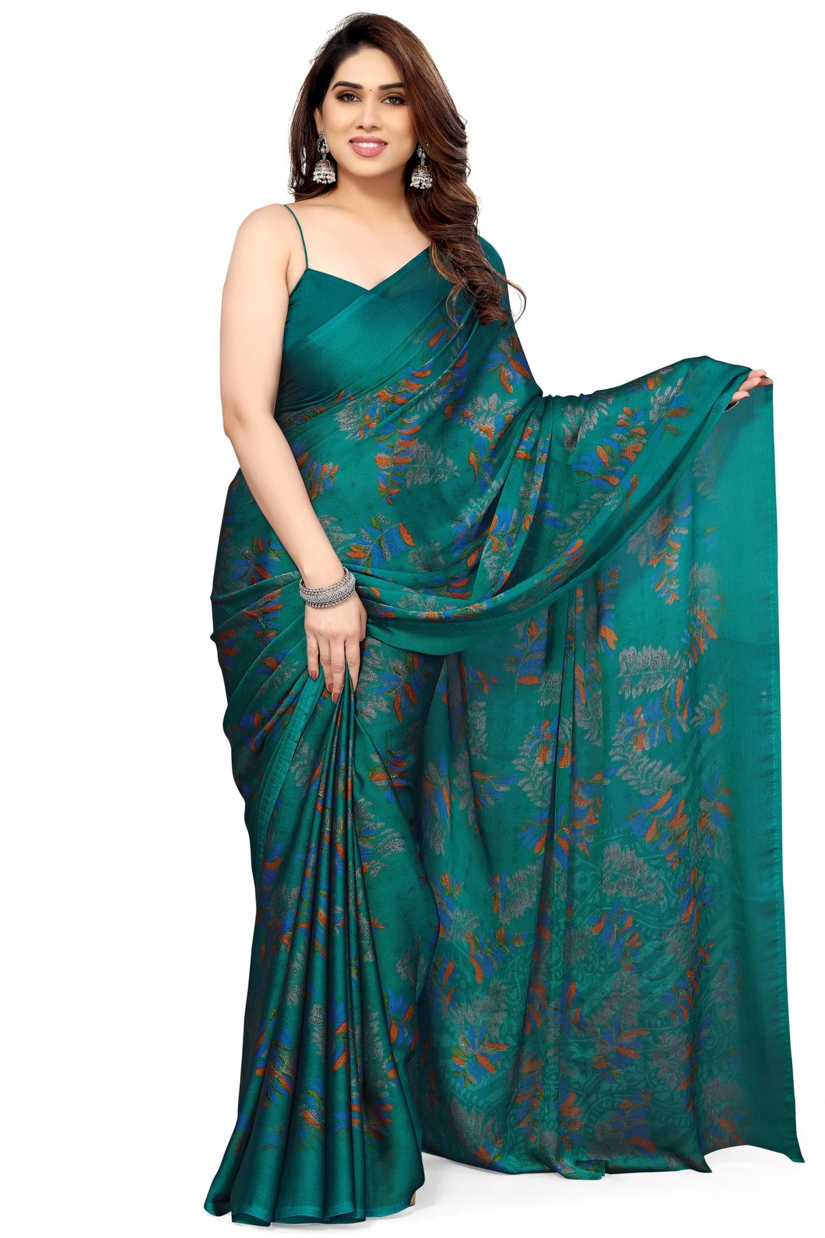 MIRCHI FASHION Chiffon Georgette Floral Print ed Sarees for Women with Blouse Piece (39195A - Turquoise, Orange)