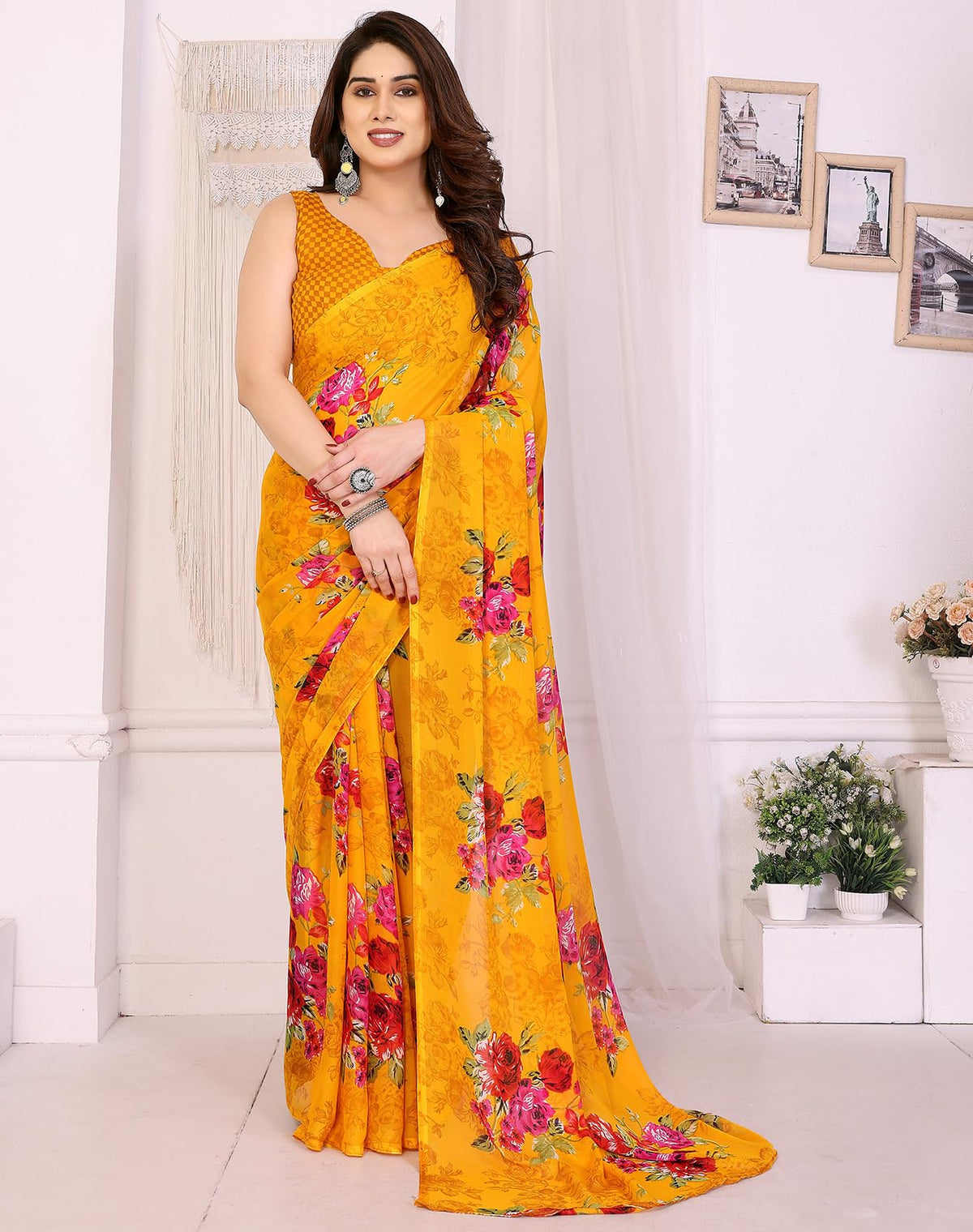 Yashika Women Georgette Floral Printed Saree Blouse Material |saree for Women | Saree | New Sari | Latest Saree_AZ-YS-P12-APEXA YELLOW