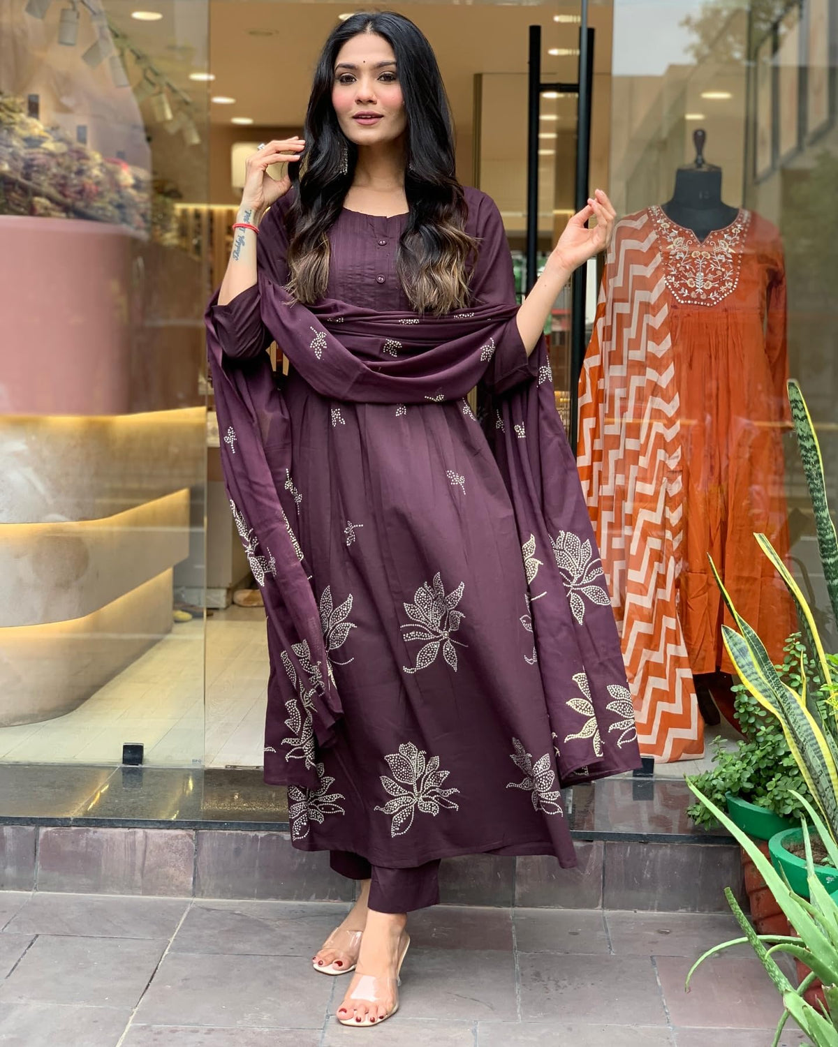 Women's Rayon Blend Anarkali Printed Kurta with Pant & Dupatta (Gangori Wine-GS_L_Wine_Large)