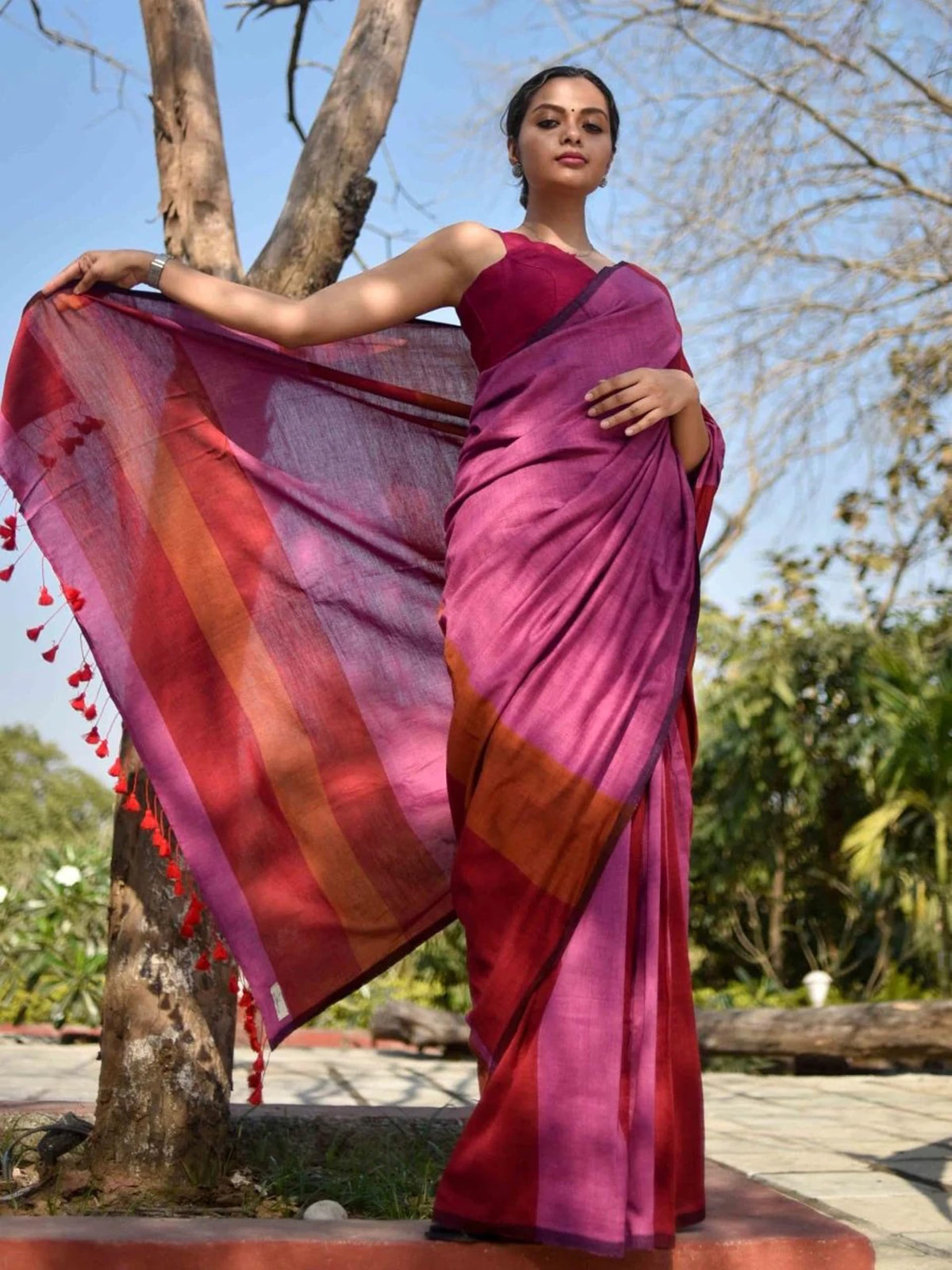 BEAUTY SAREE Women Cotton Saree With Blouse Piece., Multicolor 5.5 Meter With Running Blouse (PINK-BROWN)