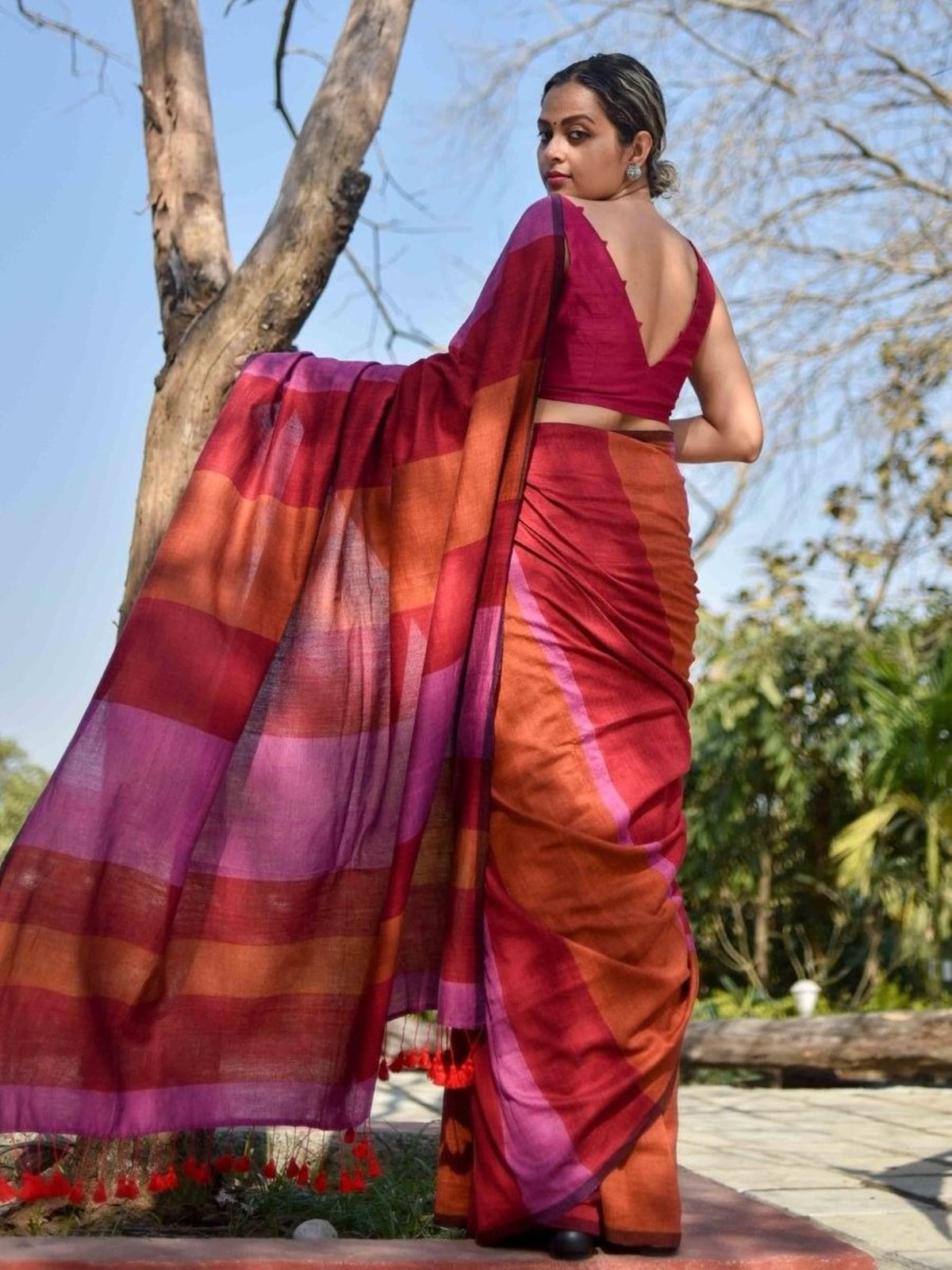BEAUTY SAREE Women Cotton Saree With Blouse Piece., Multicolor 5.5 Meter With Running Blouse (PINK-BROWN)