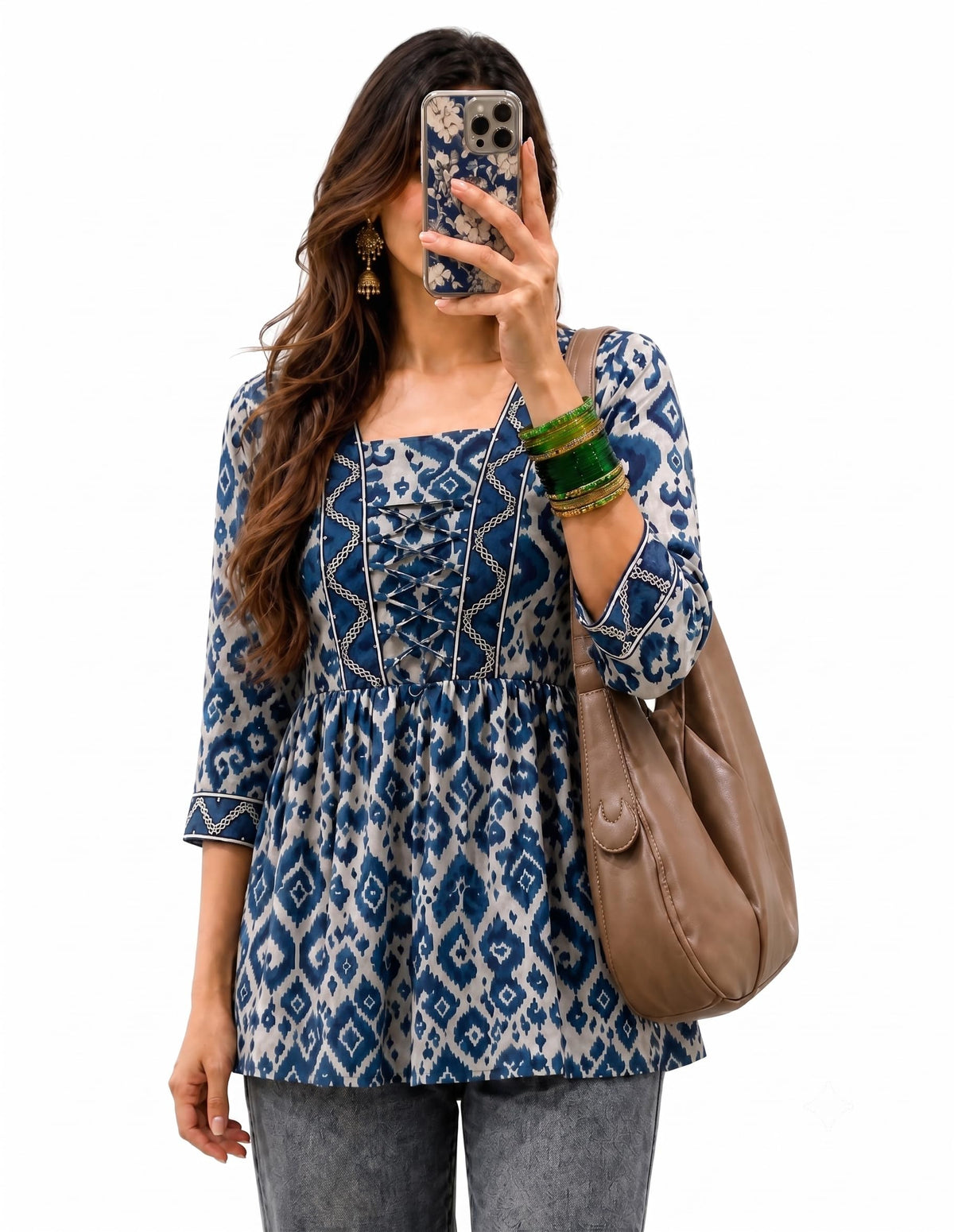BANDRAGIRLS Womens Cotton Printed Peplum Short Kurti | Blue Geometric Gathered Tunic Top | Square Neck Lace Up Ethnic Wear