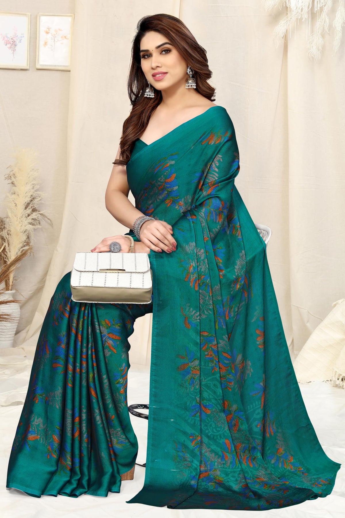 MIRCHI FASHION Chiffon Georgette Floral Print ed Sarees for Women with Blouse Piece (39195A - Turquoise, Orange)