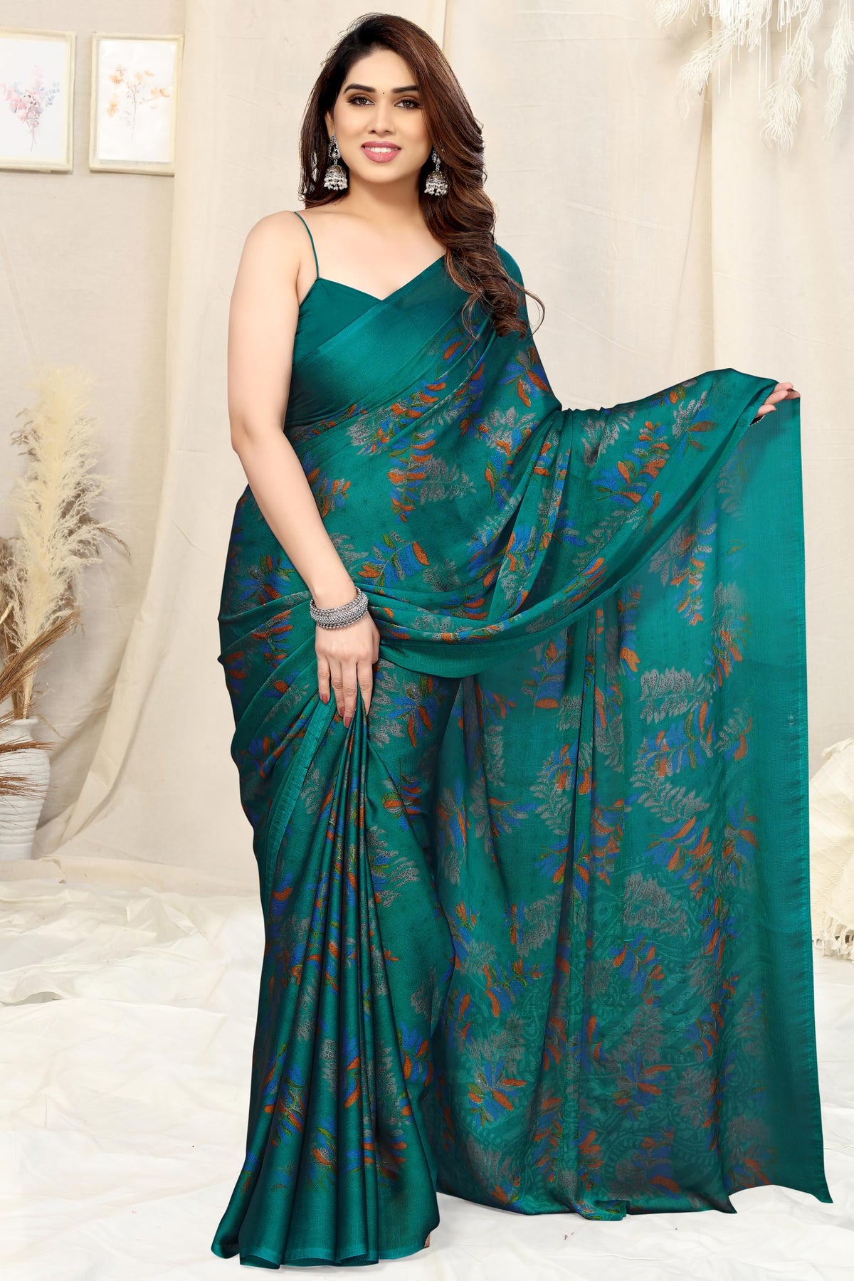 MIRCHI FASHION Chiffon Georgette Floral Print ed Sarees for Women with Blouse Piece (39195A - Turquoise, Orange)