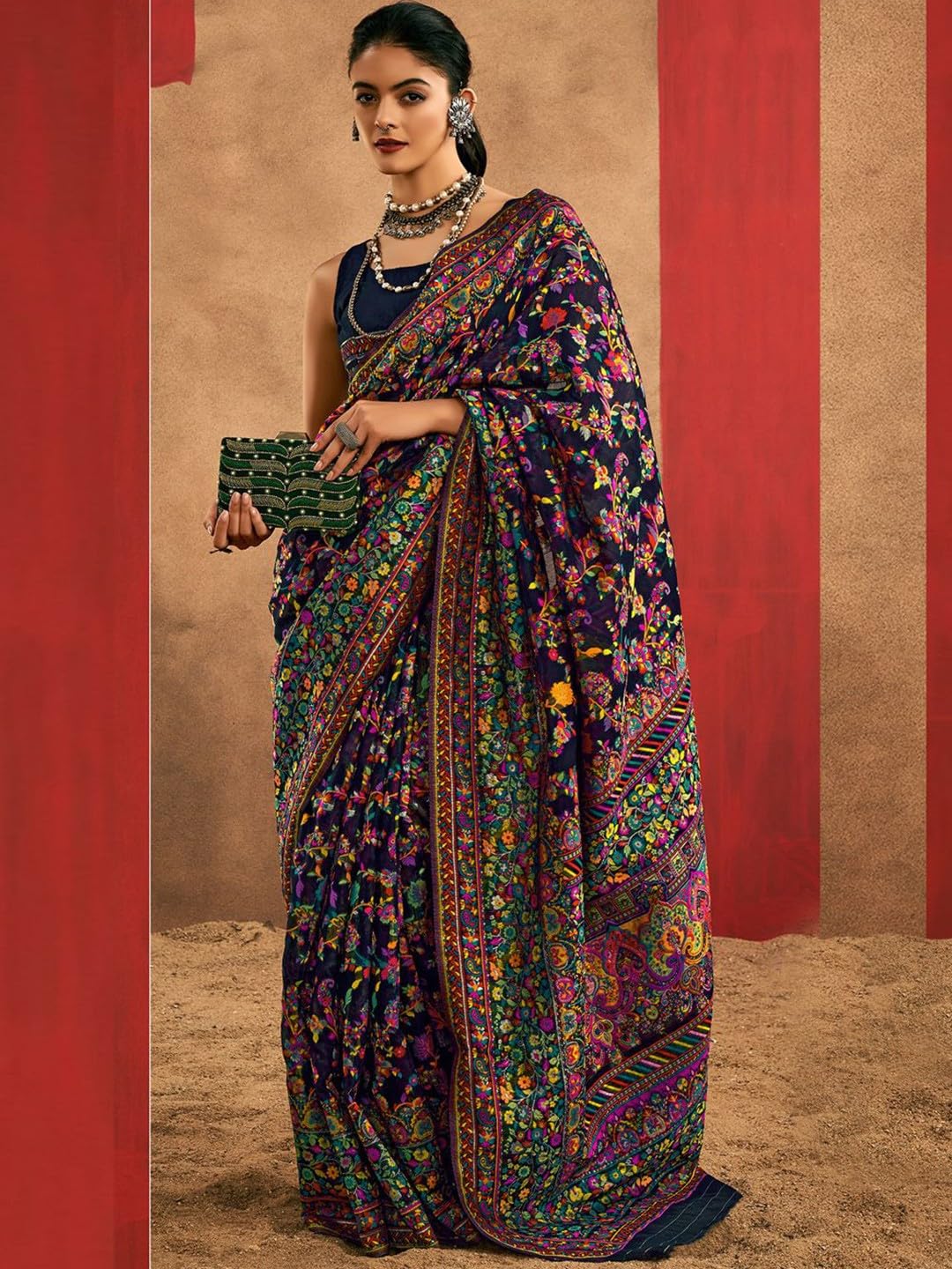 AAHLYO WOMEN'S Kashmiri Jal Cotton Patola Saree for Women | Cotton Saree | Sarees with Unstitched Blouse (BLACK)