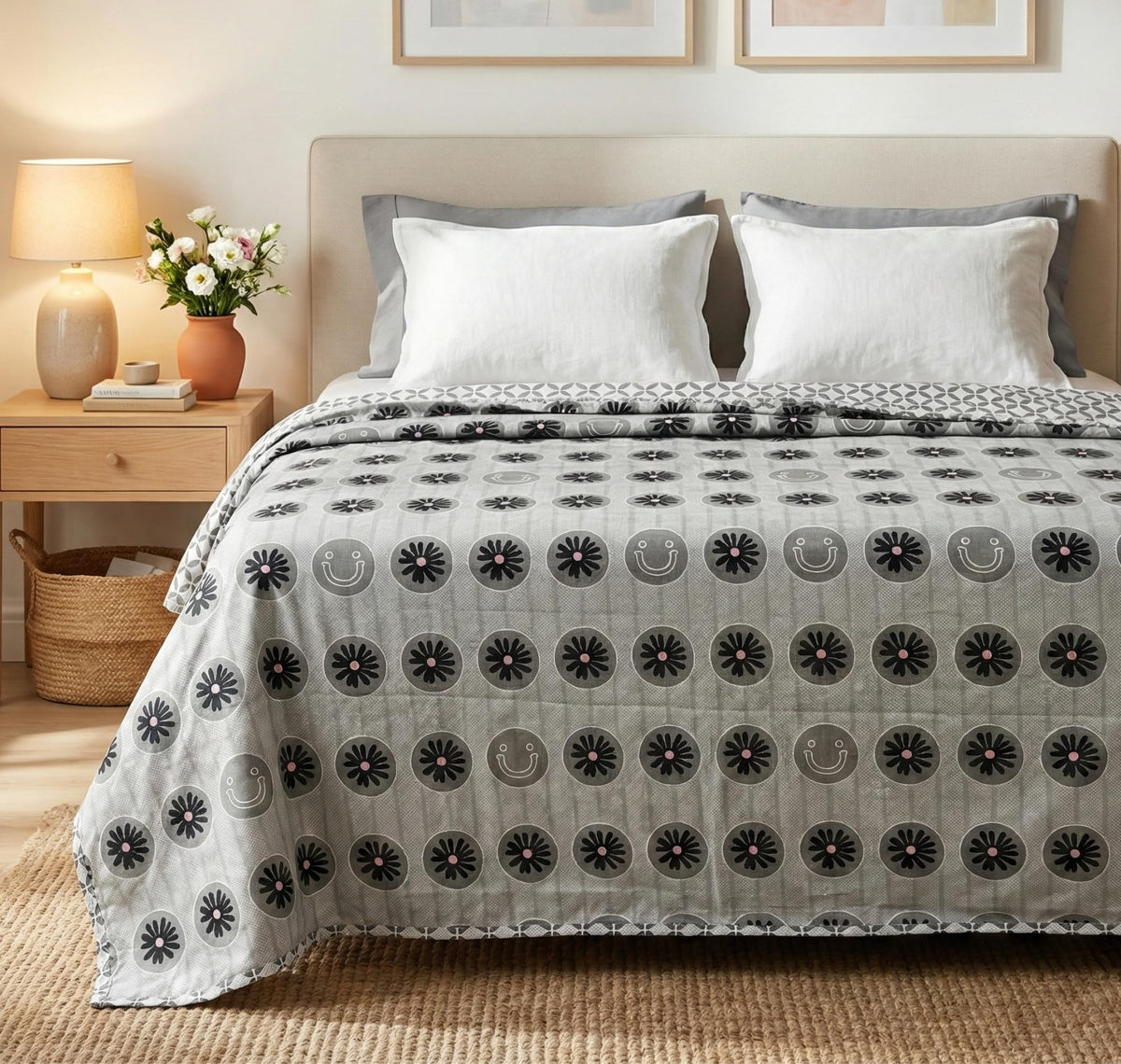 Cotton AC Blanket for Single Bed (152 x 225 cm) | Reversible Soft Lightweight All-Season Blanket | Skin-Friendly & Breathable Comforter (Silver Blossom Grey)