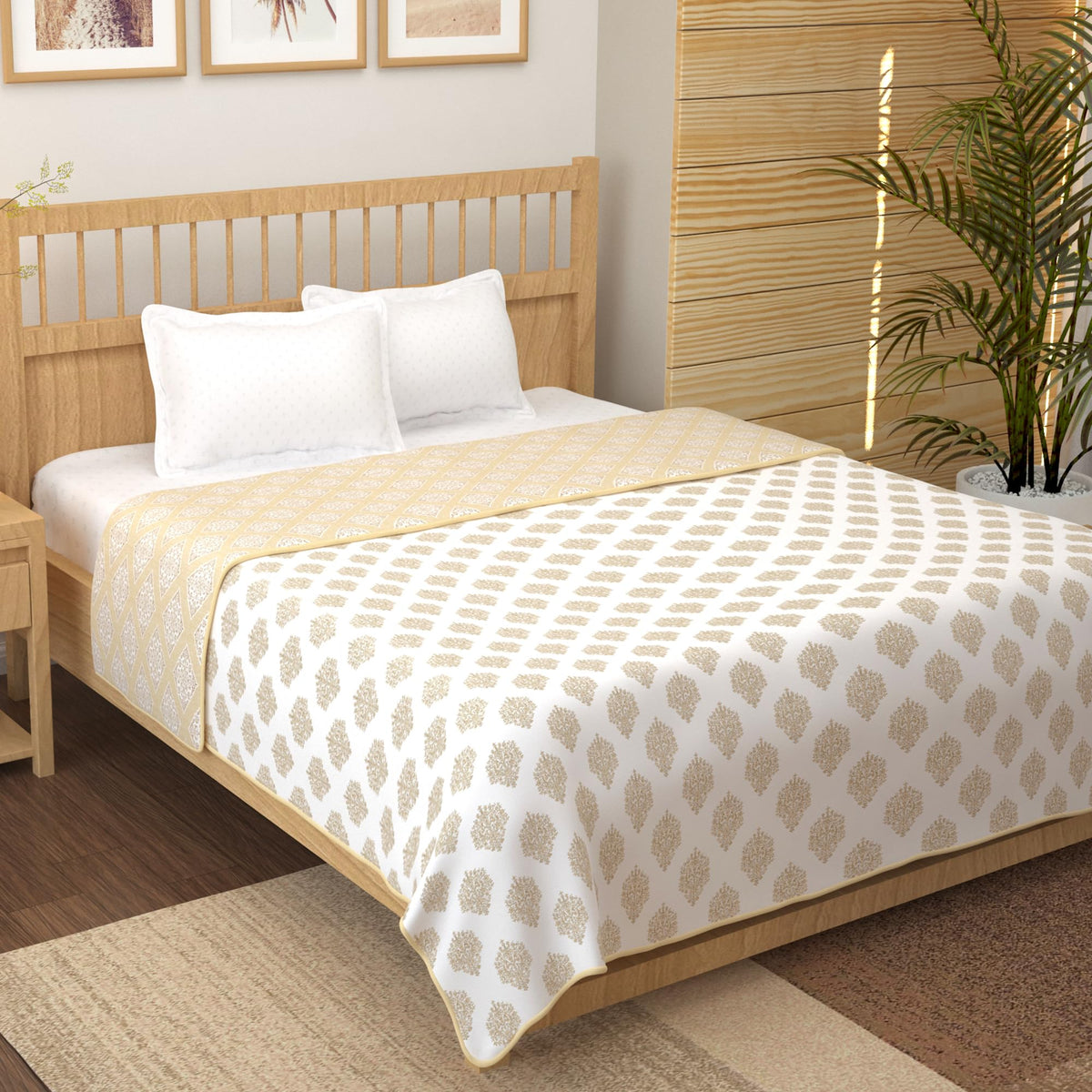 Dohar Double Bed Cotton 100% | 150GSM 225 x 240 CM Quilt AC Blanket for Summer | AC Comforter Double Bed | White & Cream, Damask Reversible Design Duvet | All-Season Blanket