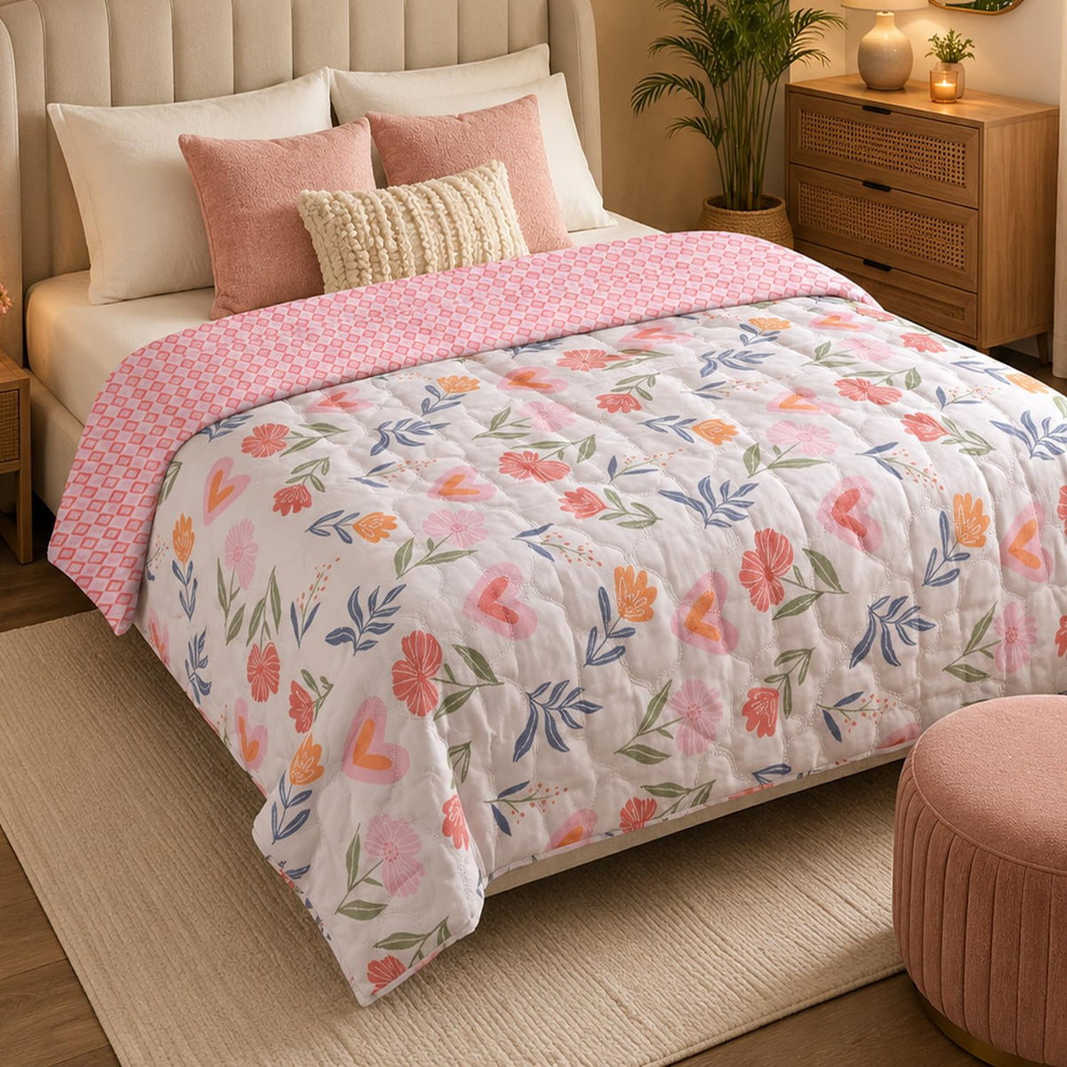 Double Bed Comforter Reversible Soft Microfiber AC Quilt, Floral & Heart Print, All Season Blanket