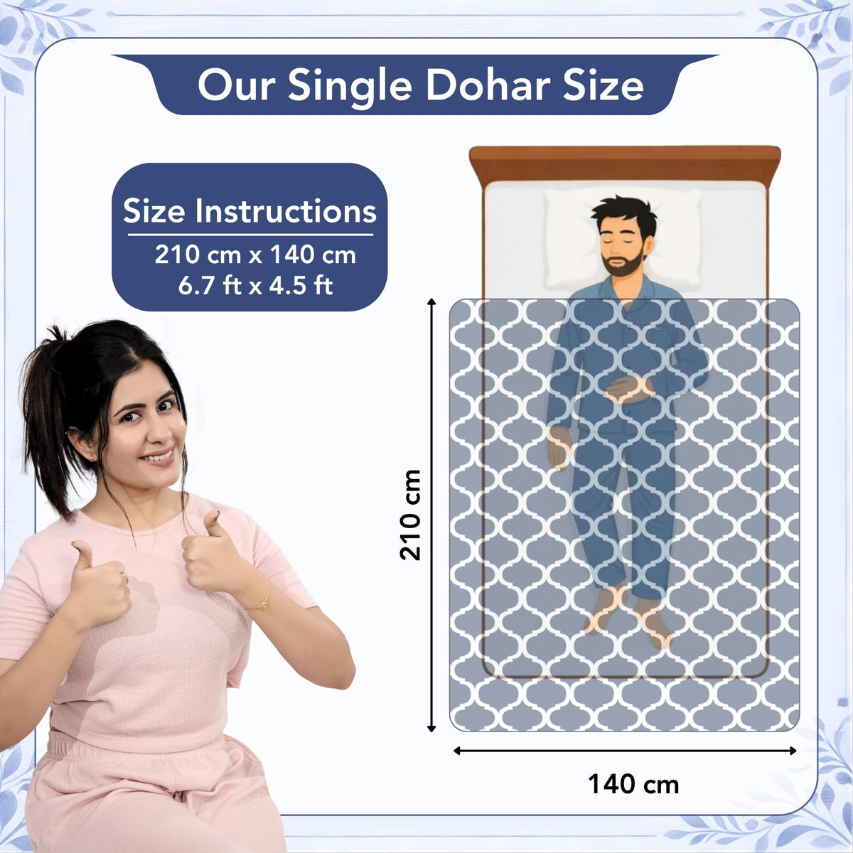120 GSM Microfiber Single Dohar | Soft & Lightweight Throw Blanket | Cozy & Breathable | All-Season Comfort | 210 x 140 CM | Moroccan Pattern | Deep Blue