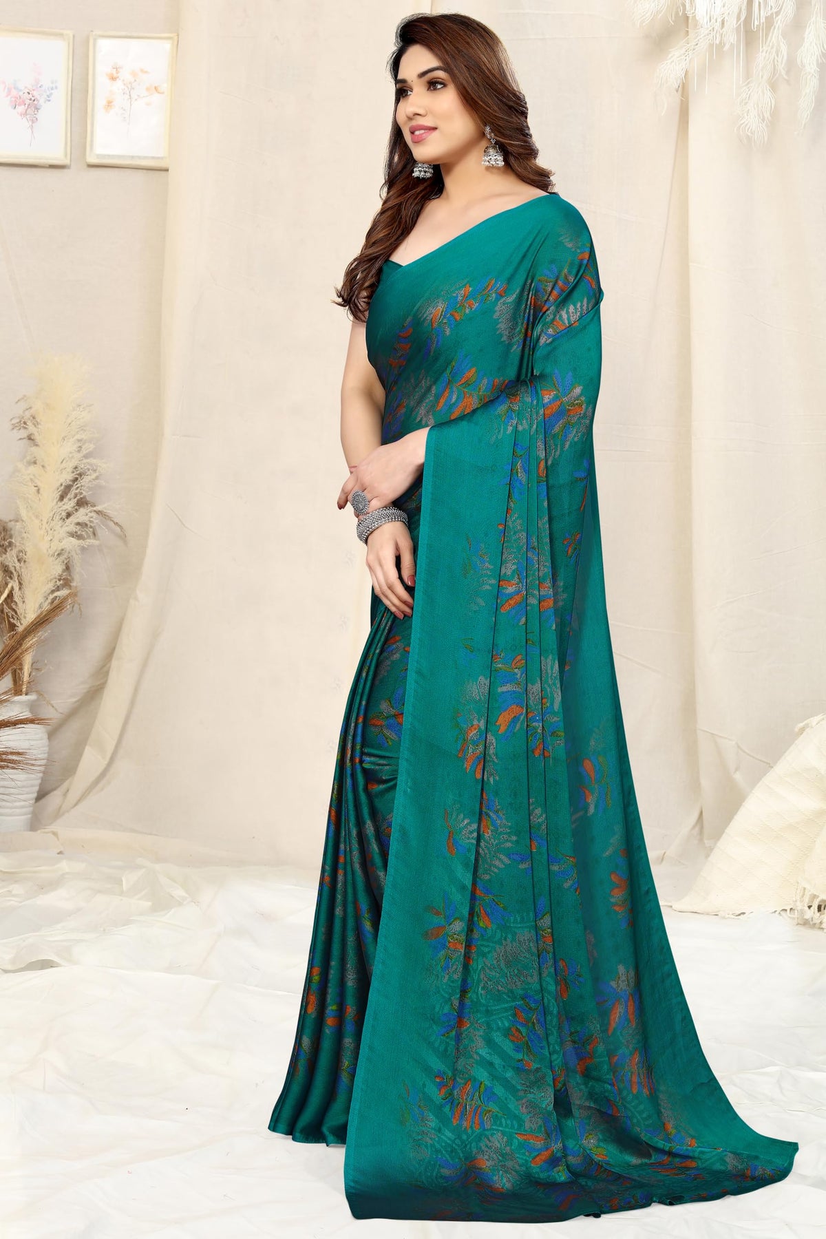 MIRCHI FASHION Chiffon Georgette Floral Print ed Sarees for Women with Blouse Piece (39195A - Turquoise, Orange)