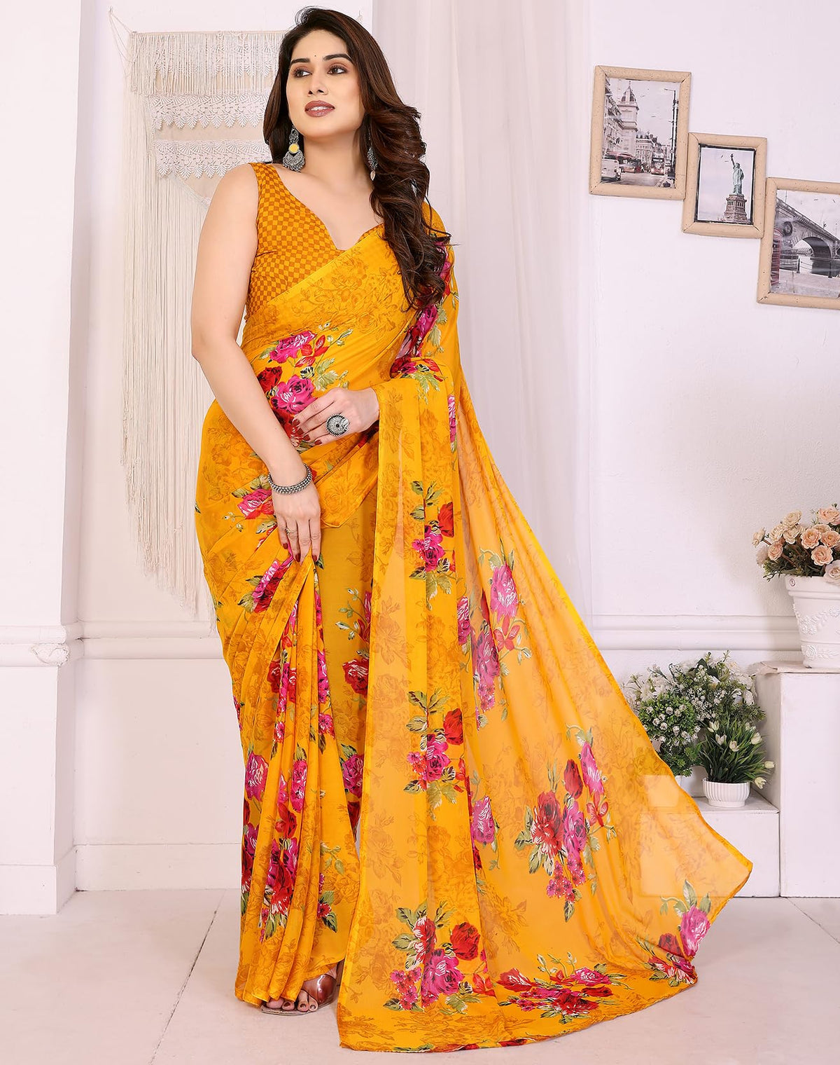 Yashika Women Georgette Floral Printed Saree Blouse Material |saree for Women | Saree | New Sari | Latest Saree_AZ-YS-P12-APEXA YELLOW