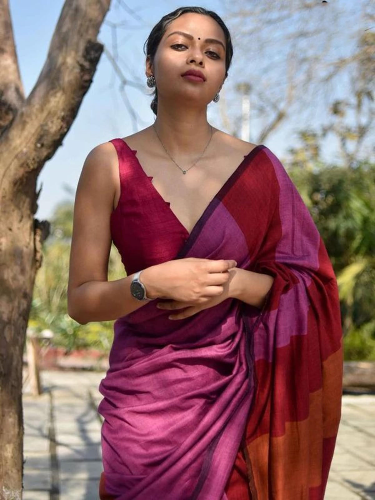 BEAUTY SAREE Women Cotton Saree With Blouse Piece., Multicolor 5.5 Meter With Running Blouse (PINK-BROWN)