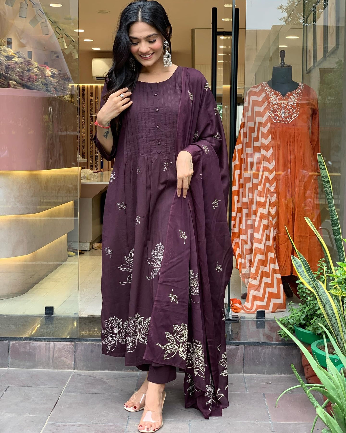 Women's Rayon Blend Anarkali Printed Kurta with Pant & Dupatta (Gangori Wine-GS_L_Wine_Large)