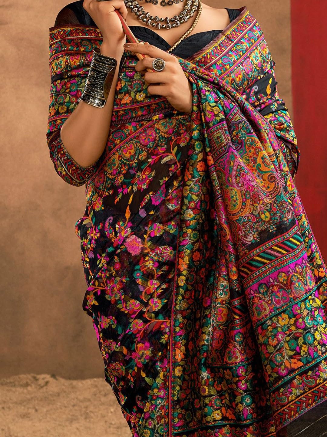 AAHLYO WOMEN'S Kashmiri Jal Cotton Patola Saree for Women | Cotton Saree | Sarees with Unstitched Blouse (BLACK)