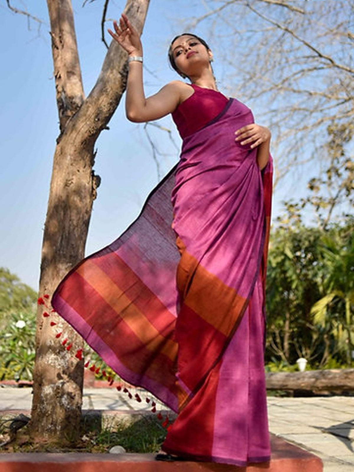 BEAUTY SAREE Women Cotton Saree With Blouse Piece., Multicolor 5.5 Meter With Running Blouse (PINK-BROWN)