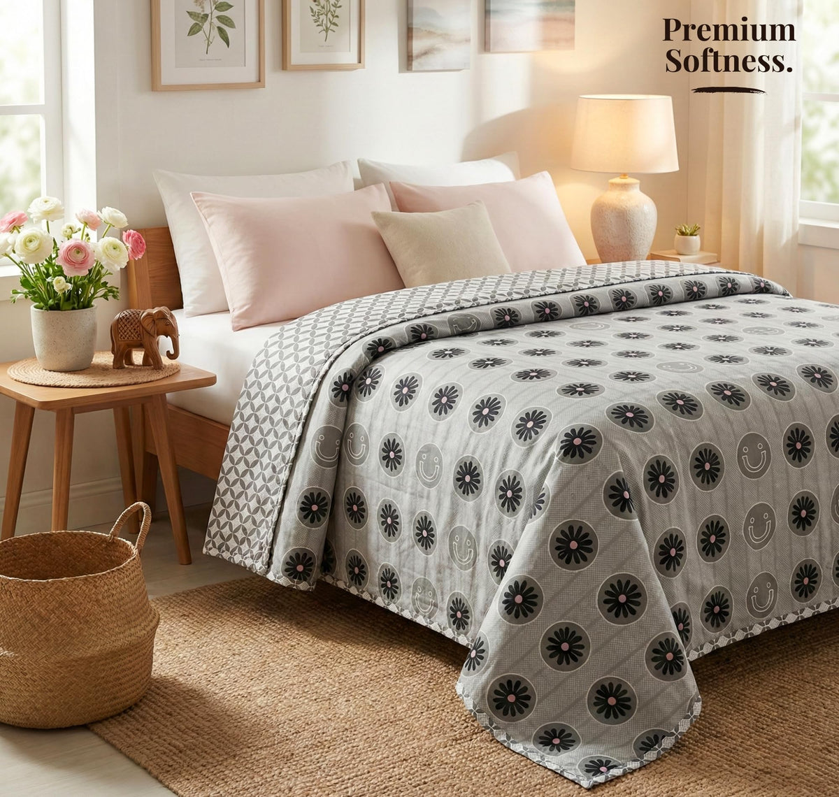 Cotton AC Blanket for Single Bed (152 x 225 cm) | Reversible Soft Lightweight All-Season Blanket | Skin-Friendly & Breathable Comforter (Silver Blossom Grey)