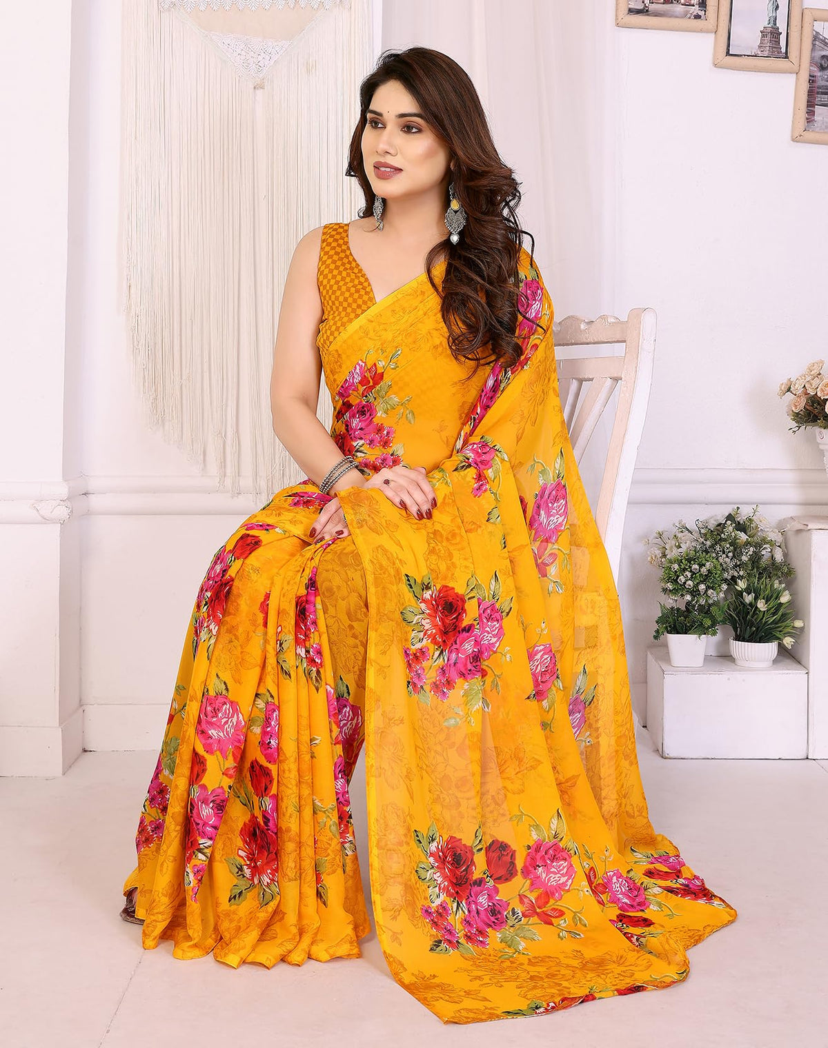 Yashika Women Georgette Floral Printed Saree Blouse Material |saree for Women | Saree | New Sari | Latest Saree_AZ-YS-P12-APEXA YELLOW