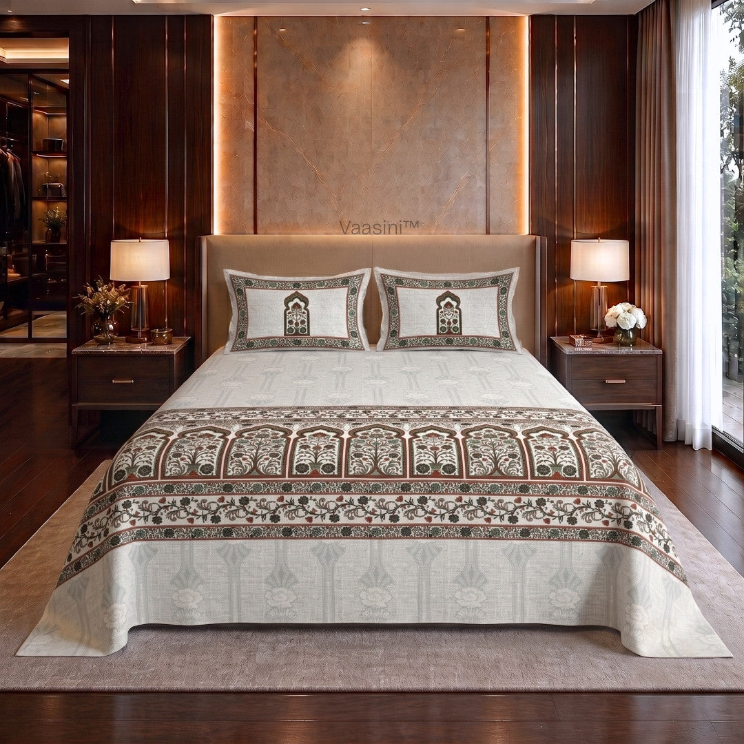 Classic Jharokha Prussian Blue & Sage Pure Cotton King Size Bedsheet