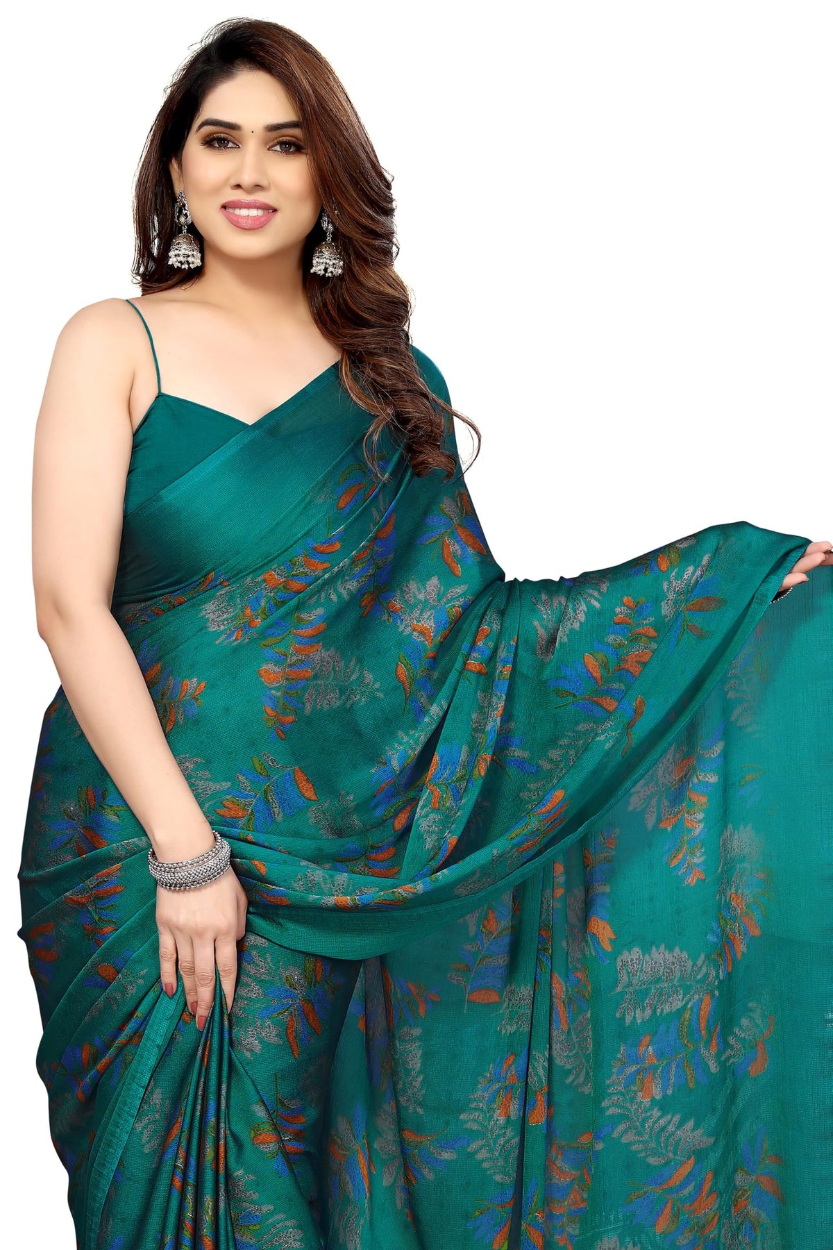 MIRCHI FASHION Chiffon Georgette Floral Print ed Sarees for Women with Blouse Piece (39195A - Turquoise, Orange)