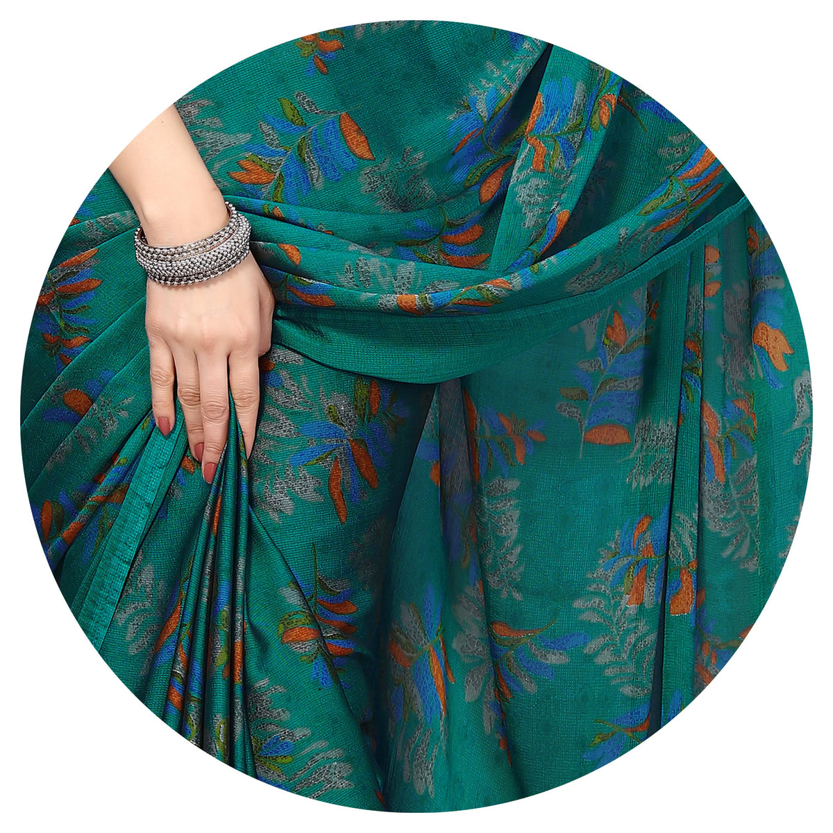 MIRCHI FASHION Chiffon Georgette Floral Print ed Sarees for Women with Blouse Piece (39195A - Turquoise, Orange)