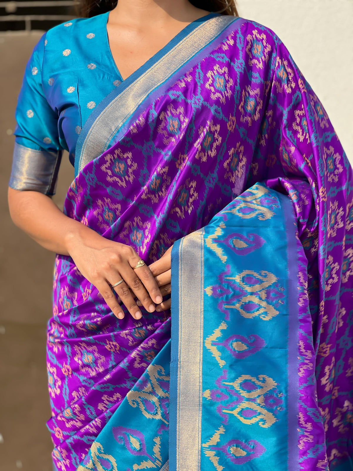 SGF11 Women's Kanjivaram Patola Soft Pure Silk Sarees With Unstitched Blouse Piece (Violet LightBlue)