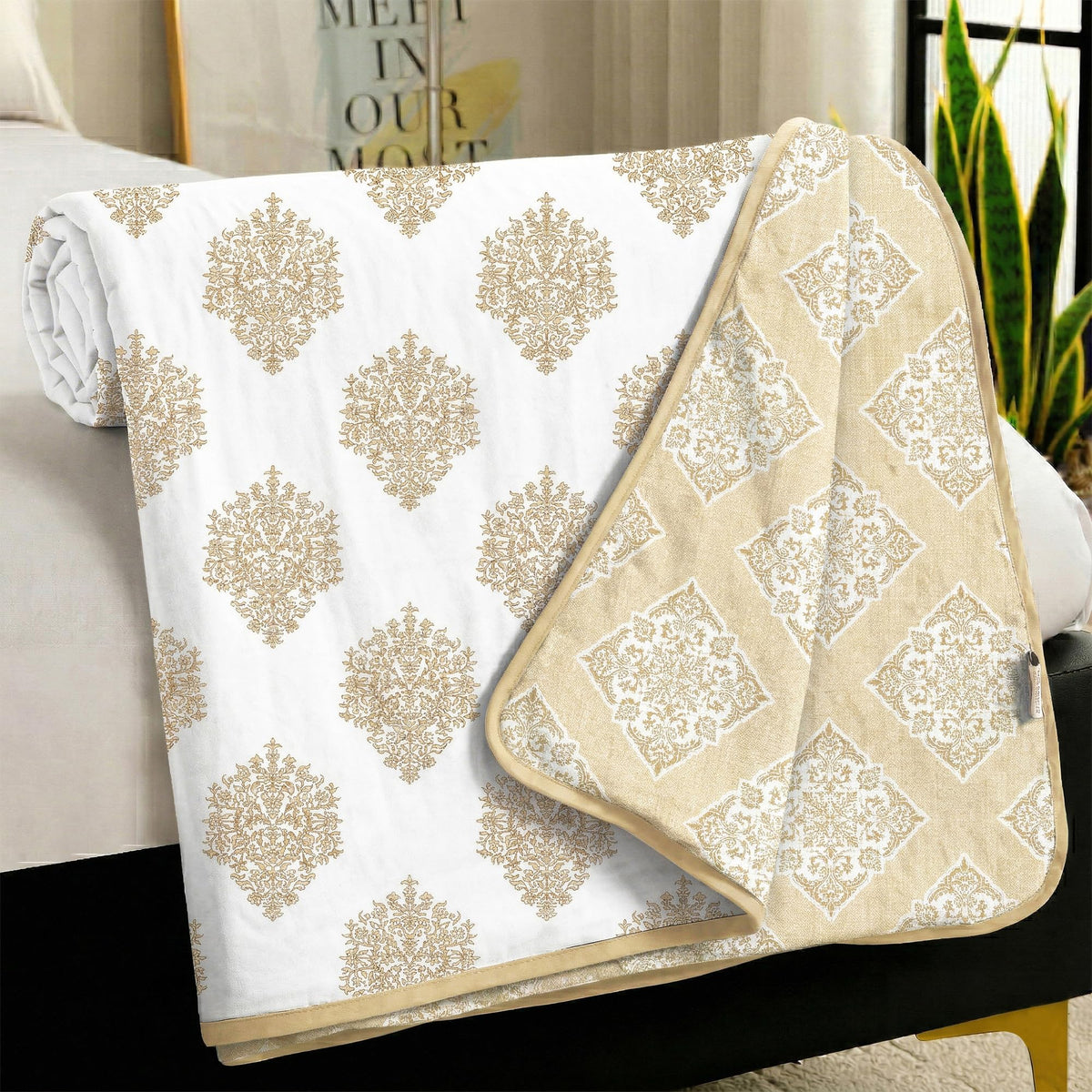 Dohar Double Bed Cotton 100% | 150GSM 225 x 240 CM Quilt AC Blanket for Summer | AC Comforter Double Bed | White & Cream, Damask Reversible Design Duvet | All-Season Blanket