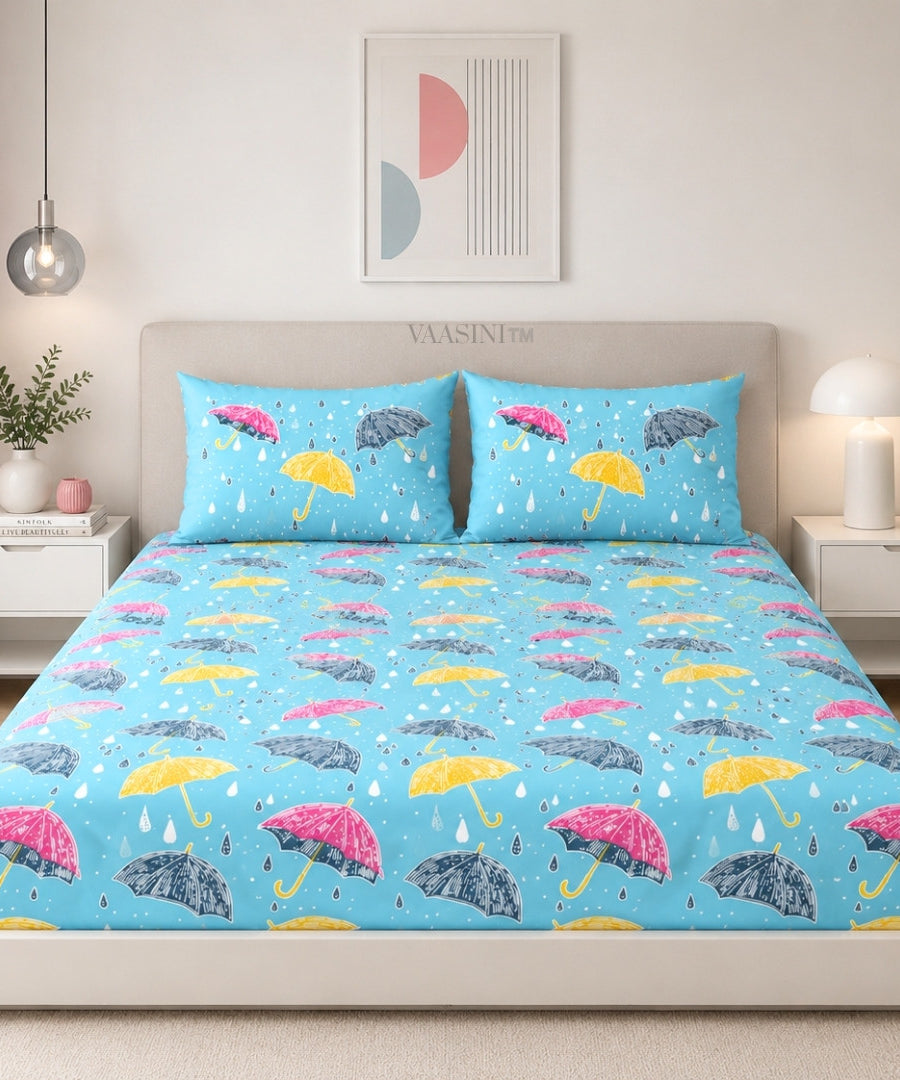 Monsoon Magic Umbrella Sky Blue Bedsheet